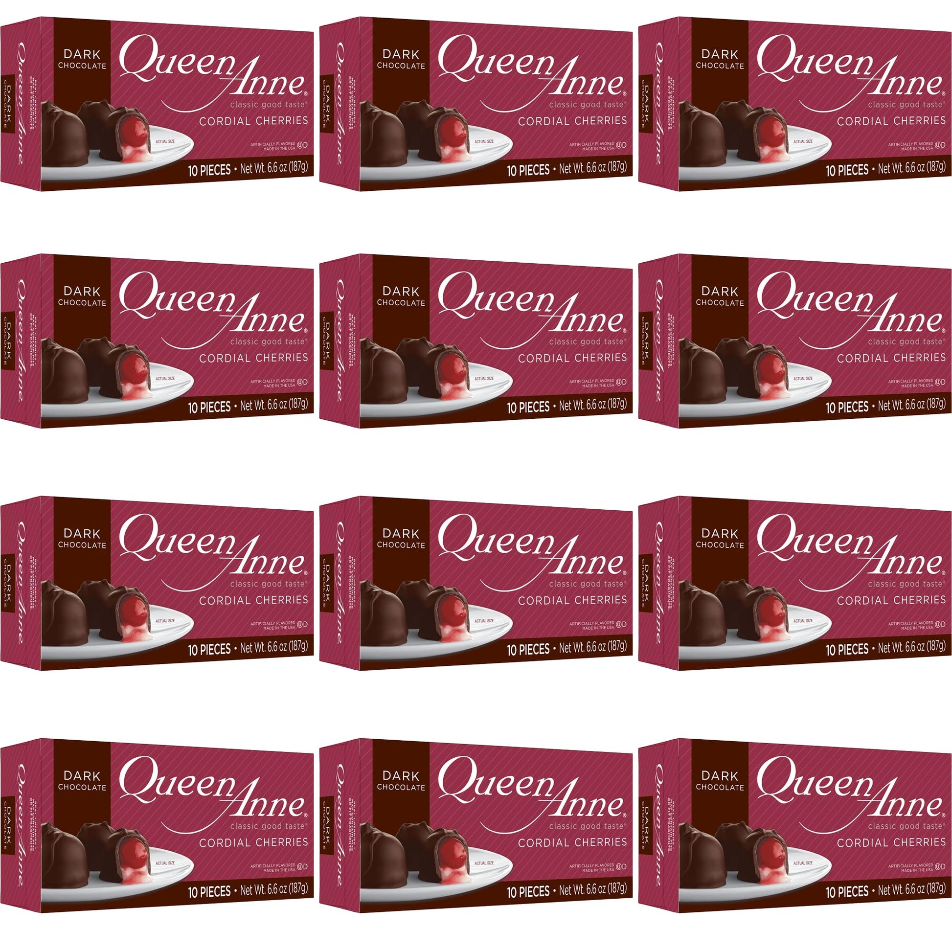 Queen Anne Dark Chocolate Covered Cordial Cherries | 6.6 Oz (Pack Of 12) | 10 Piece Gift Boxes | Whole Maraschino Cherry Creamy Filled Liquid Center | Holiday Party Chocolate Candy