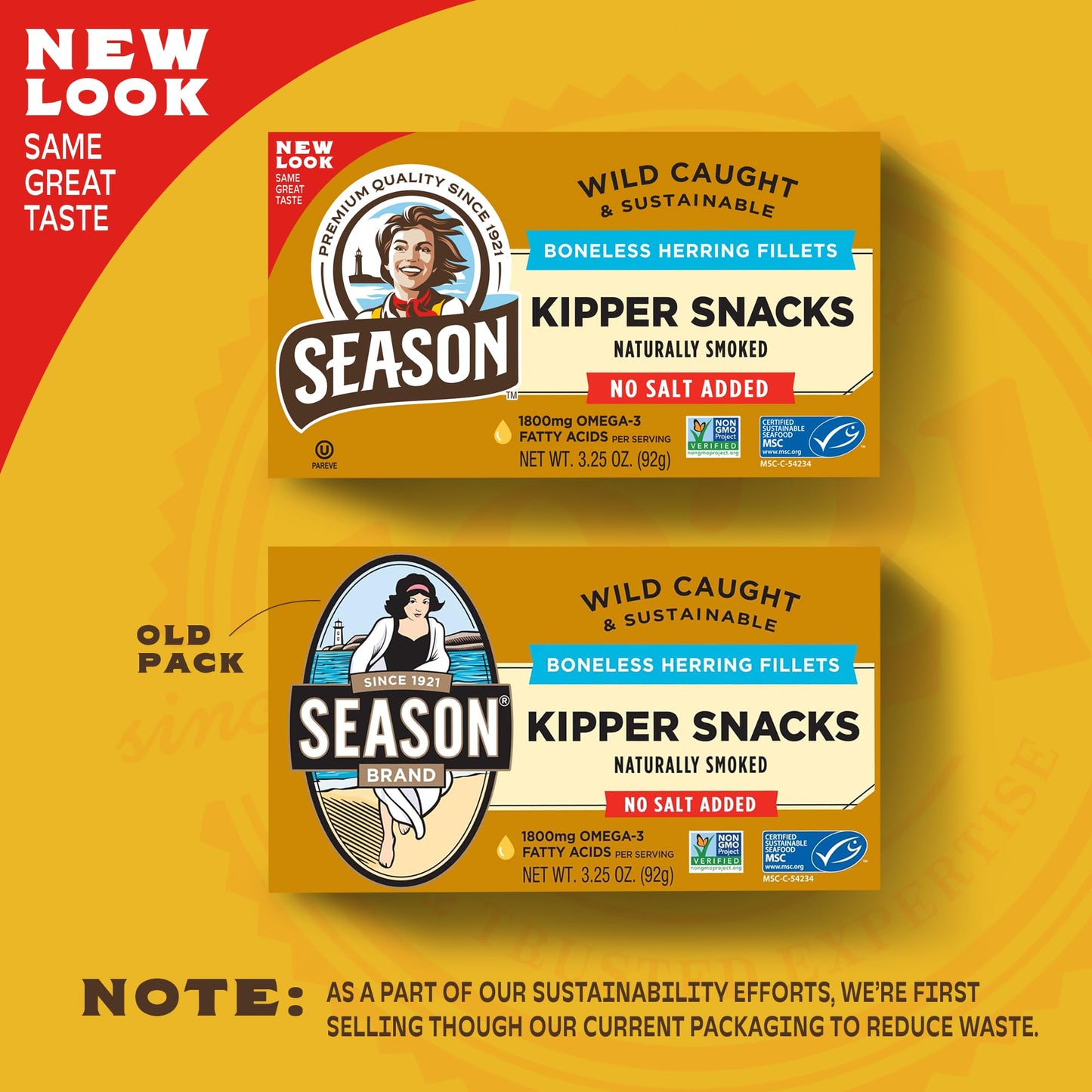 SEASON Kipper Snacks Boneless Herring Fillets, No Salt Added, 18g Protein, 3.25 Oz, 12-Pack, Naturally Smoked, Wild Caught, Non-G