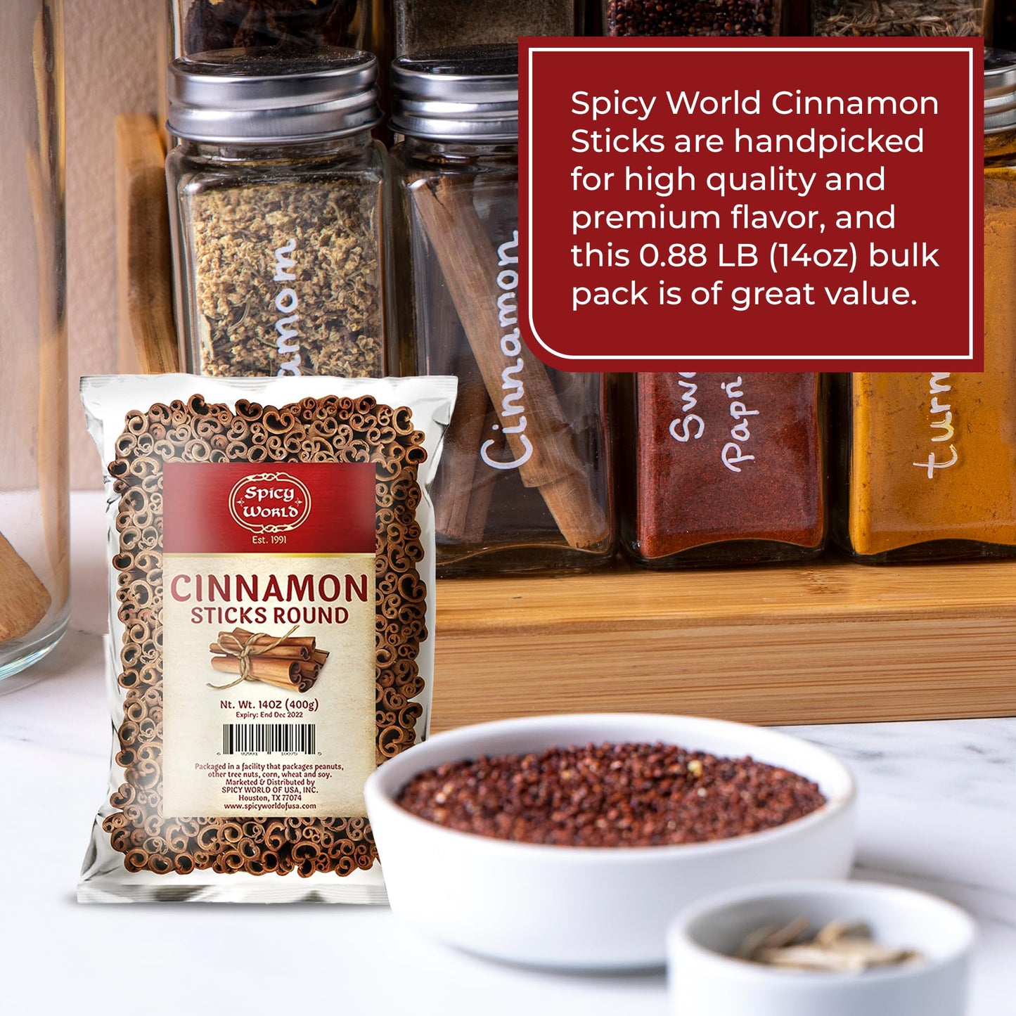Spicy World Cinnamon Sticks 14 Oz Bag ~100 Sticks - Strong Aroma, Perfect For Baking, Cooking & Beverages - 3+ Inches Length - Cassia Saigon Cinnamon From Vietnam