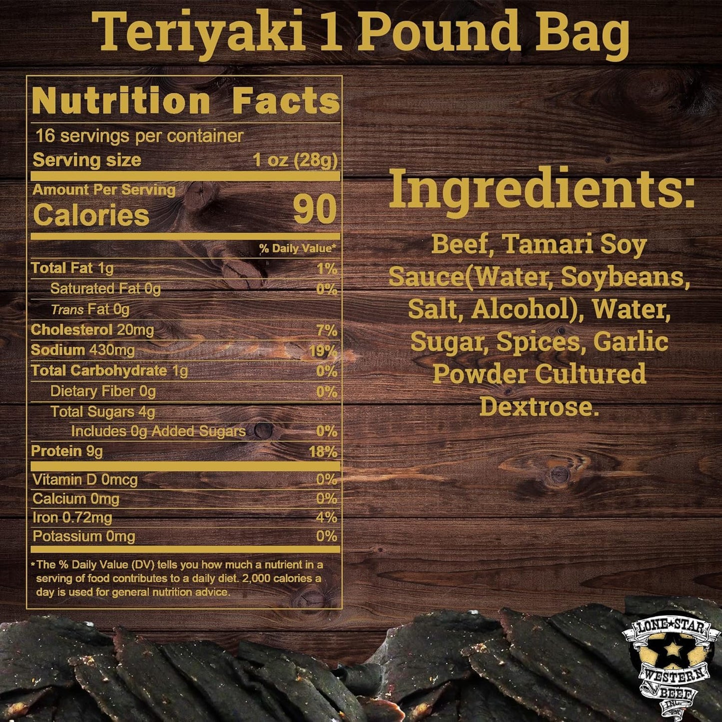 Lone Star Teriyaki Beef Jerky - Hickory Smoked - High Protein Snack - 16 Ounce Resealable Bag