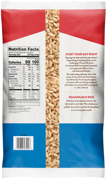 Arrowhead Mills Puffed Rice Cereal, 6 oz Bag, Pack of 6, Gluten-Free, Nutritious Breakfast Option