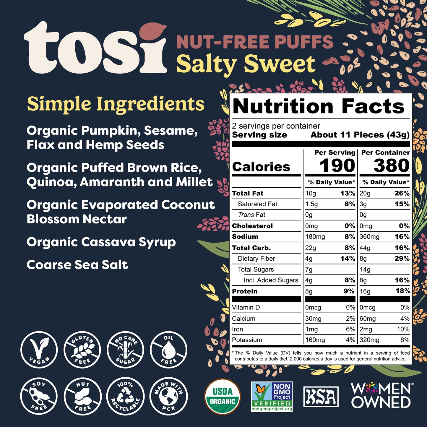 Tosi Crispy Puffs (3Oz, 4 Pack), Vegan Crunchy Snacks, 8G Plant Based Protein, Nut-Free, Allergen Friendly, Healthy Snacks For Mature-Themeds & Kids, Gluten Free  , Ancient Grains (Salty Sweet)