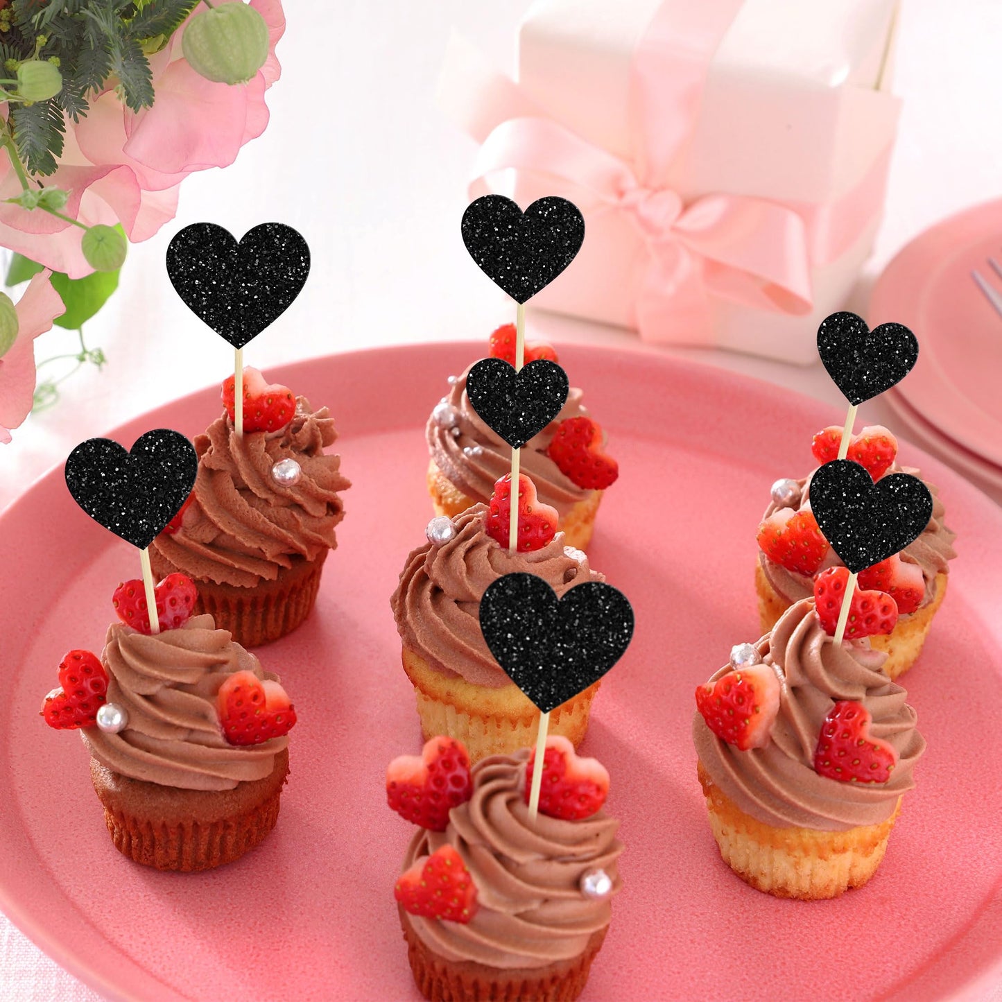 Gyufise 30Pcs Heart Cupcake Toppers Glitter Mixed Size Sweet Love Theme Heart Cake Decorations Wedding Engagement Bridal Shower