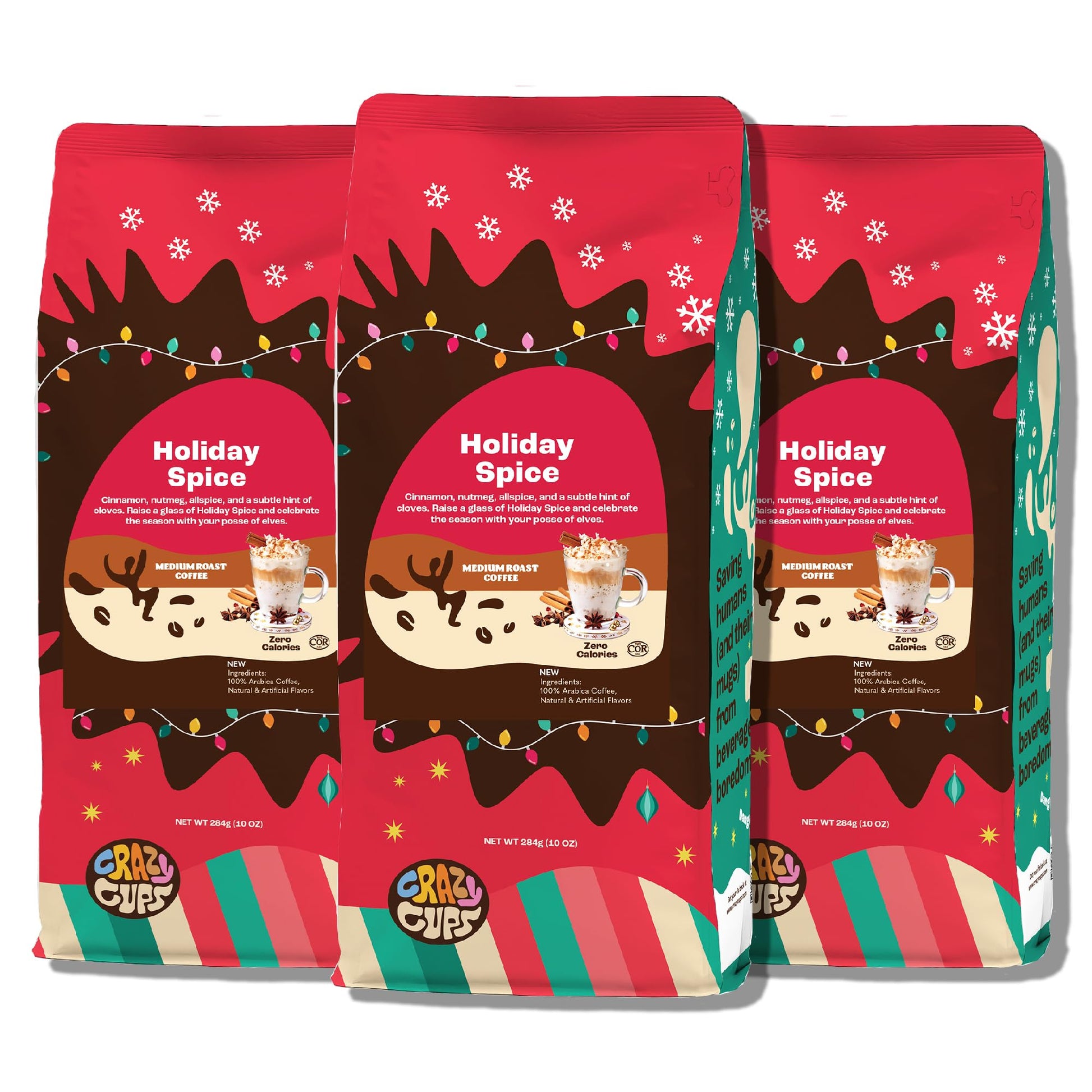 Crazy Cups Flavored Ground Holiday Spice Coffee - 10 Oz Bags (Pack of 3) - Brew Hot or Iced