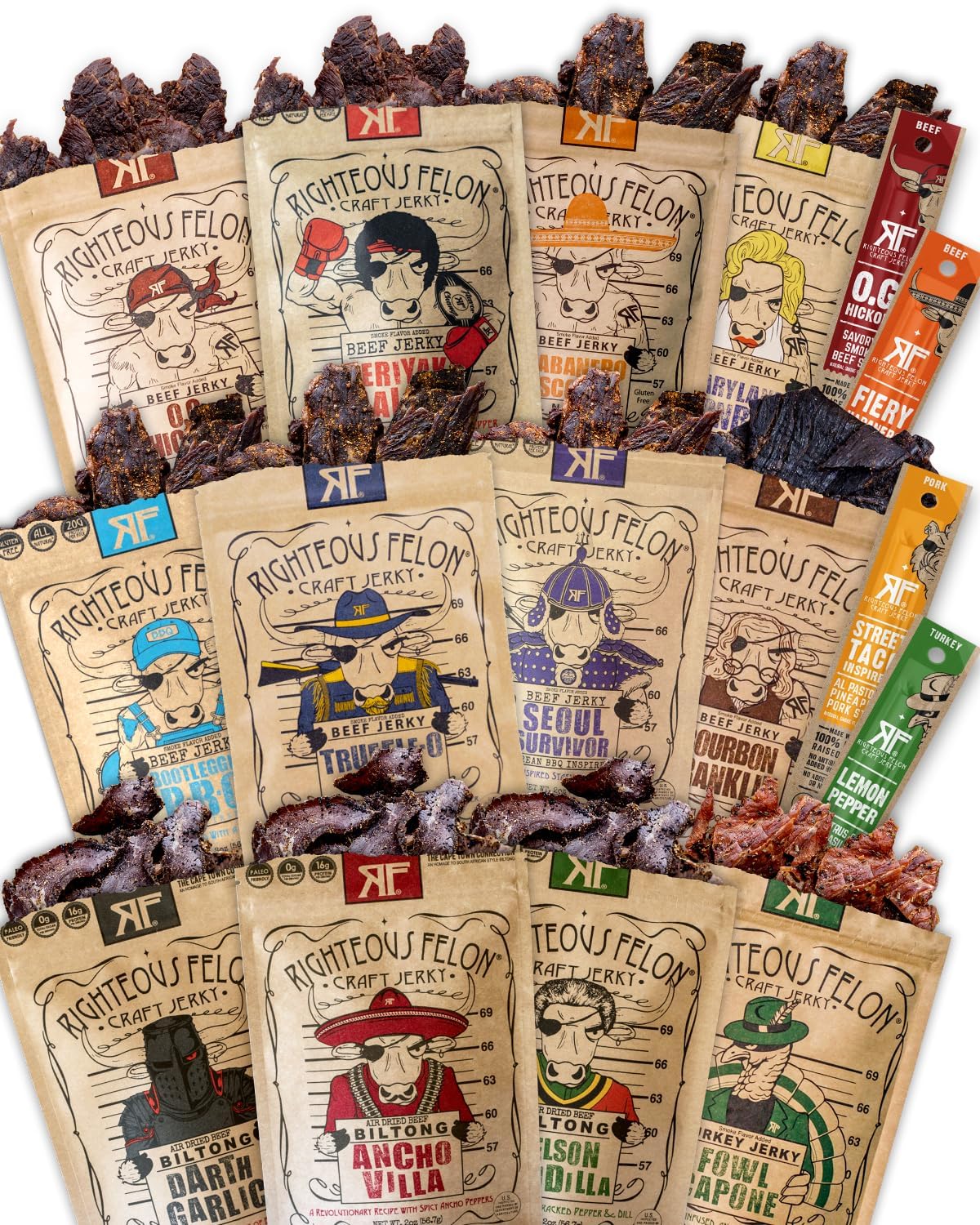 RIGHTEOUS FELON Beef Jerky Variety Pack | High Protein, Keto, Low Sugar | 16 Pack, 2 Ounce Each, Gluten Free