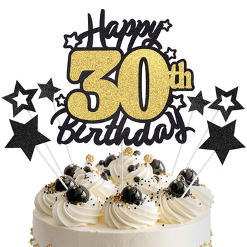 Happy 30th Birthday Cake Topper, Black and Gold Glitter Cake Toppers, 30 Year Birthday Party Cake Decoration