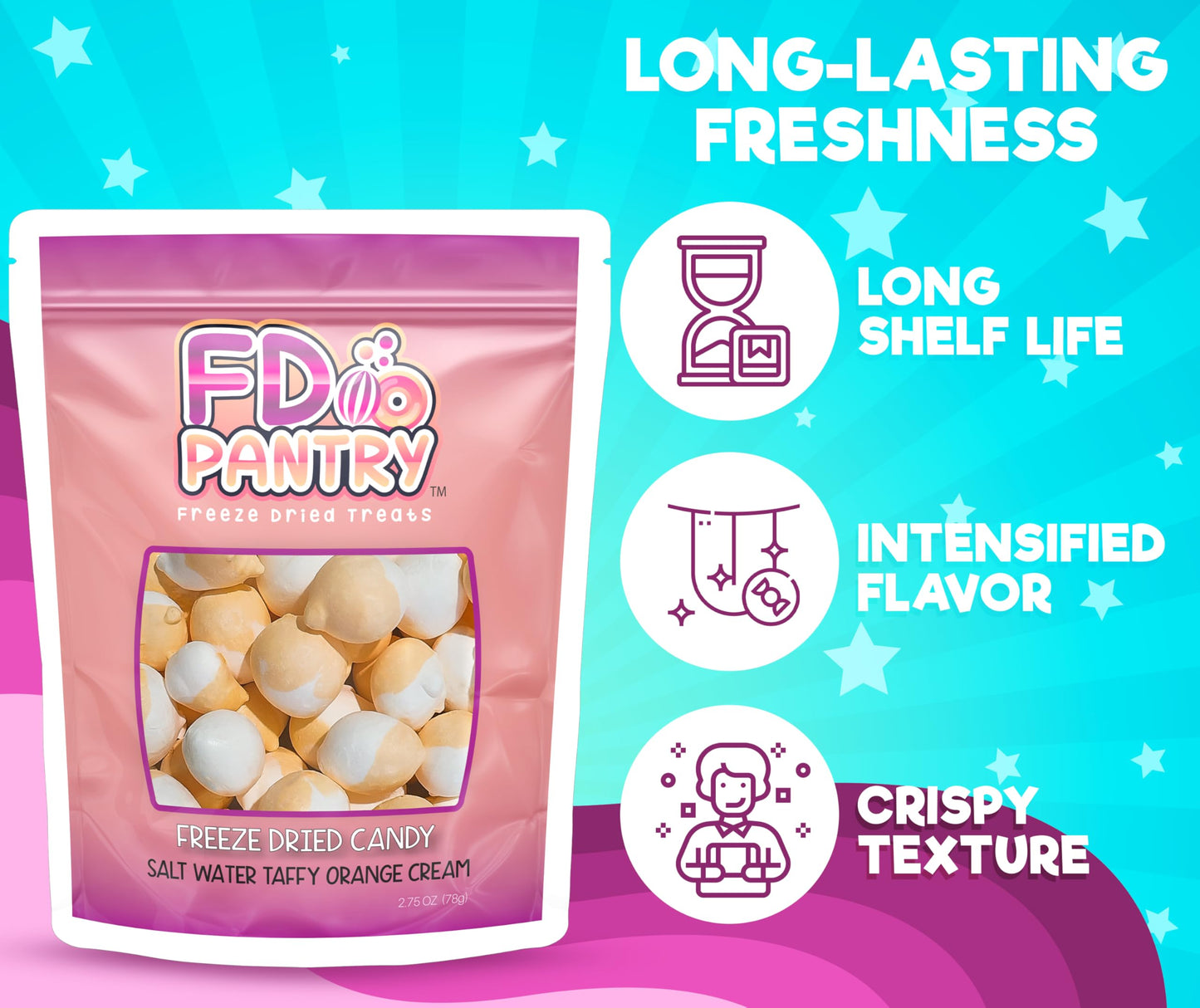 Freeze Dried Candy - Freeze Dried Salt Water Taffy Treats (Orange Cream 2.75 Oz)