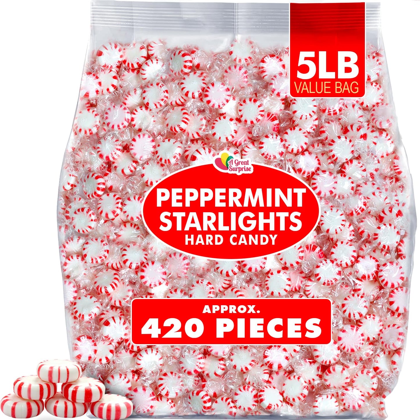 Starlight Peppermint Candy - 5 lb Bulk Bag - Red & White Peppermint Hard Candy - Individually Wrapped Mints for Office Candy Bow
