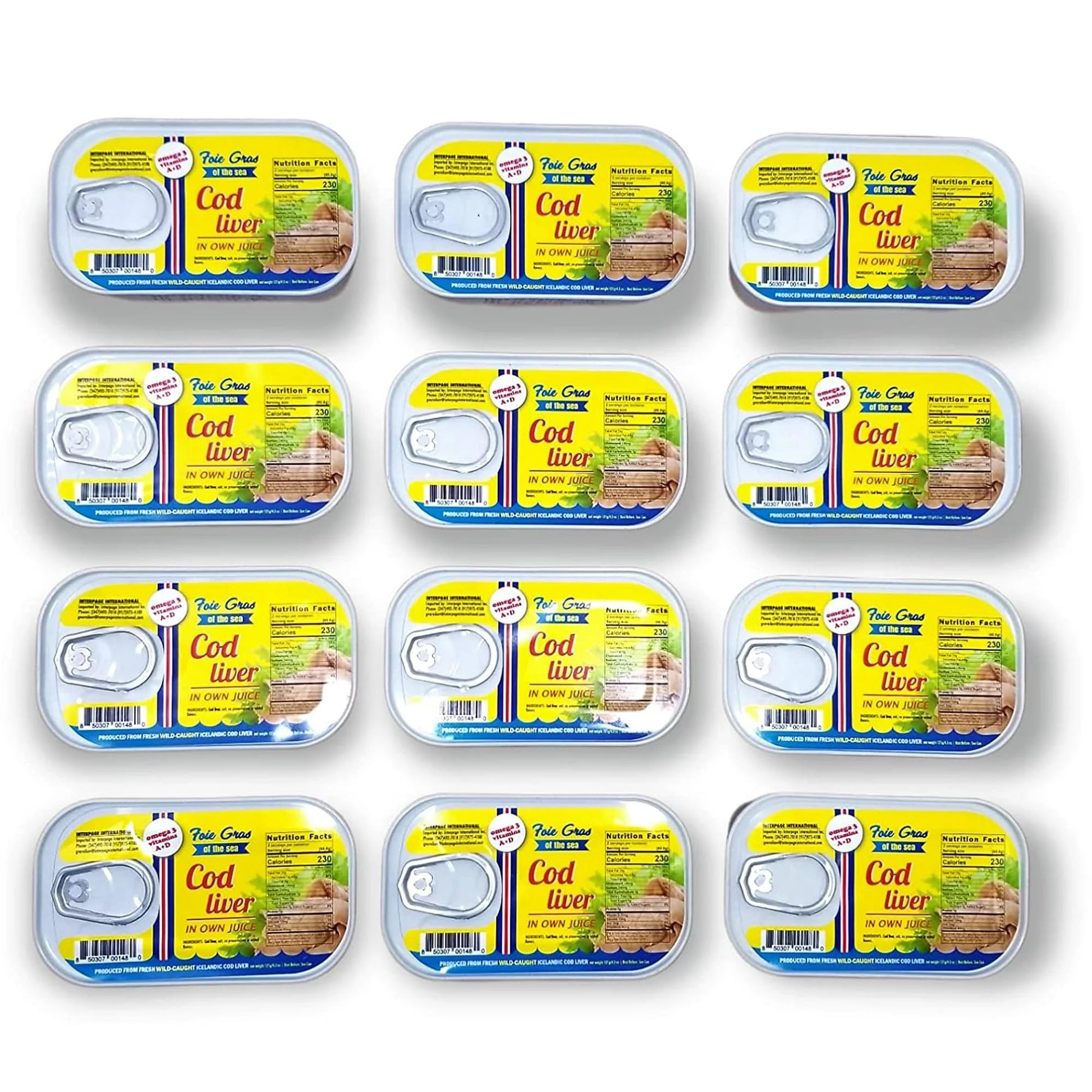 Foie Gras of the Sea Icelandic Wild-Caught Cod Liver (Foie de Morue) in Own Oil, 4.3 oz (Pack of 12) - Natural Source of Omega-3