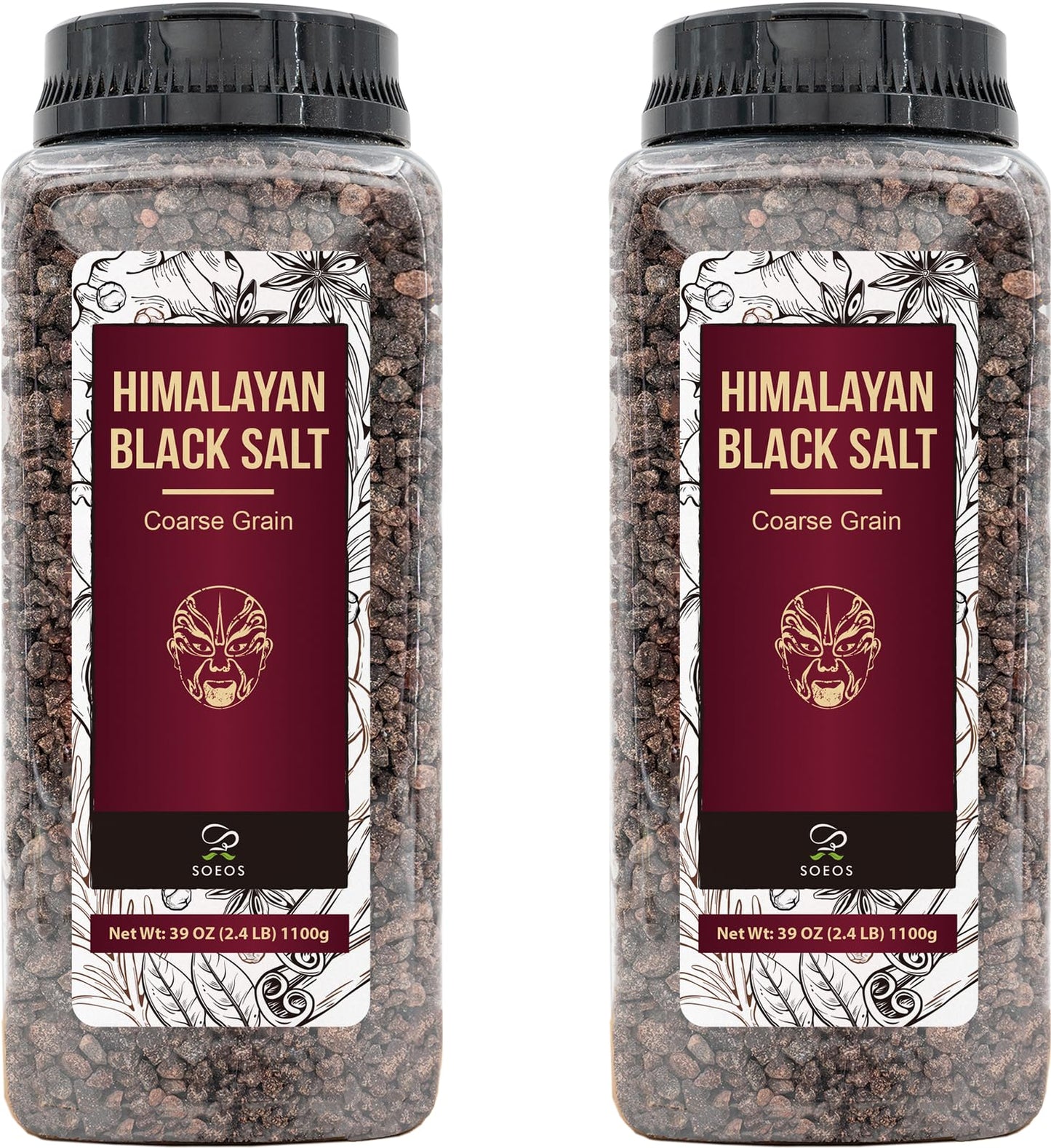 Soeos Himalayan Black Salt Coarse Grain, 39 oz (2.4lb) 1100g, Pack of 2, Gourmet Cooking Salt for Vegan, Indian & Asian Cuisine