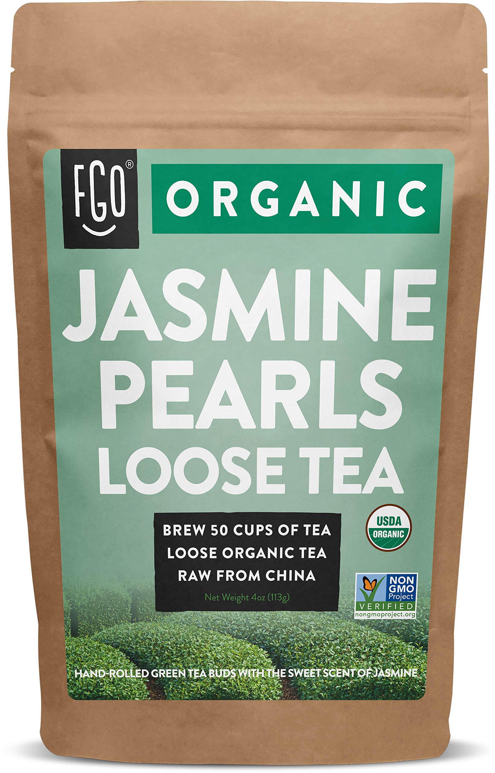 Fgo Organic Jasmine Pearls Green Loose Tea, Resealable Kraft Bag, 4Oz, Packaging May Vary (Pack Of 1)