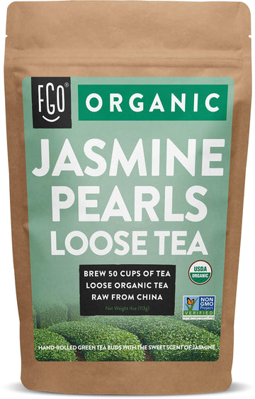 Fgo Organic Jasmine Pearls Green Loose Tea, Resealable Kraft Bag, 4Oz, Packaging May Vary (Pack Of 1)