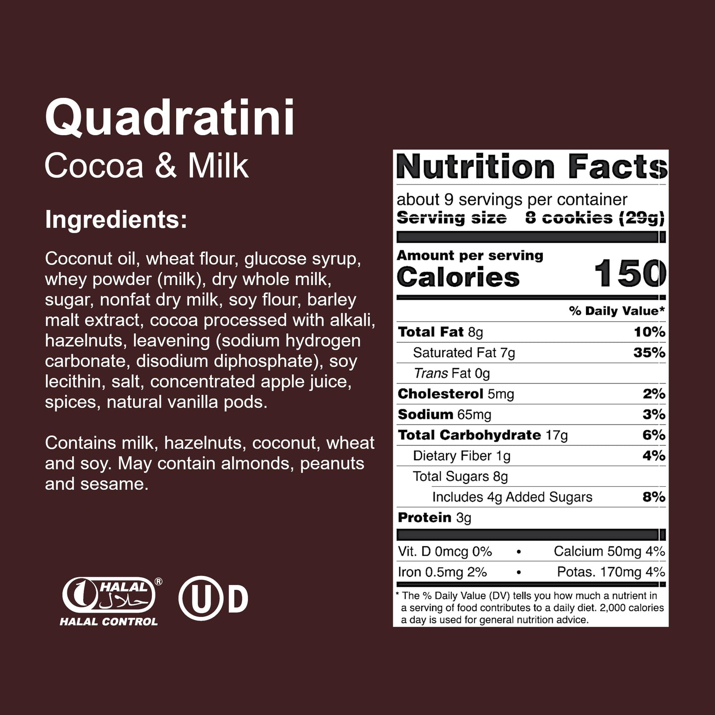 Loacker Quadratini Cocoa & Milk Wafer Cookies - 30% Less Sugar - Resealable Family Pack - 250g/8.82oz - Pack of 6