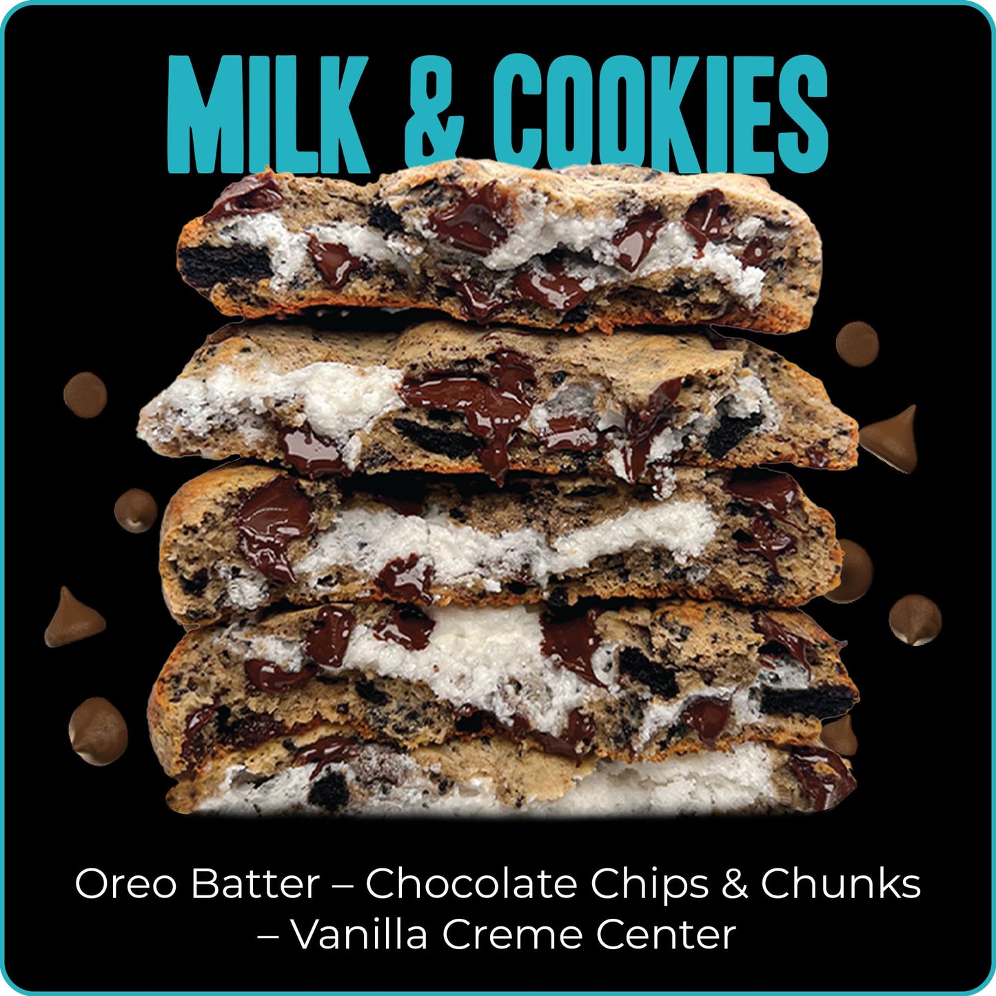 My Cookie Dealer Soft Baked Cookies, Milk & Cookies (3-Pack, 4oz Cookie) - Oreo Batter with Chocolate Chips & Chunks, filled wit