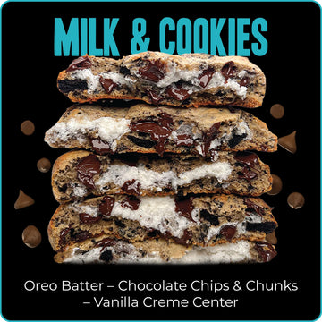 My Cookie Dealer Soft Baked Cookies, Milk & Cookies (3-Pack, 4oz Cookie) - Oreo Batter with Chocolate Chips & Chunks, filled wit
