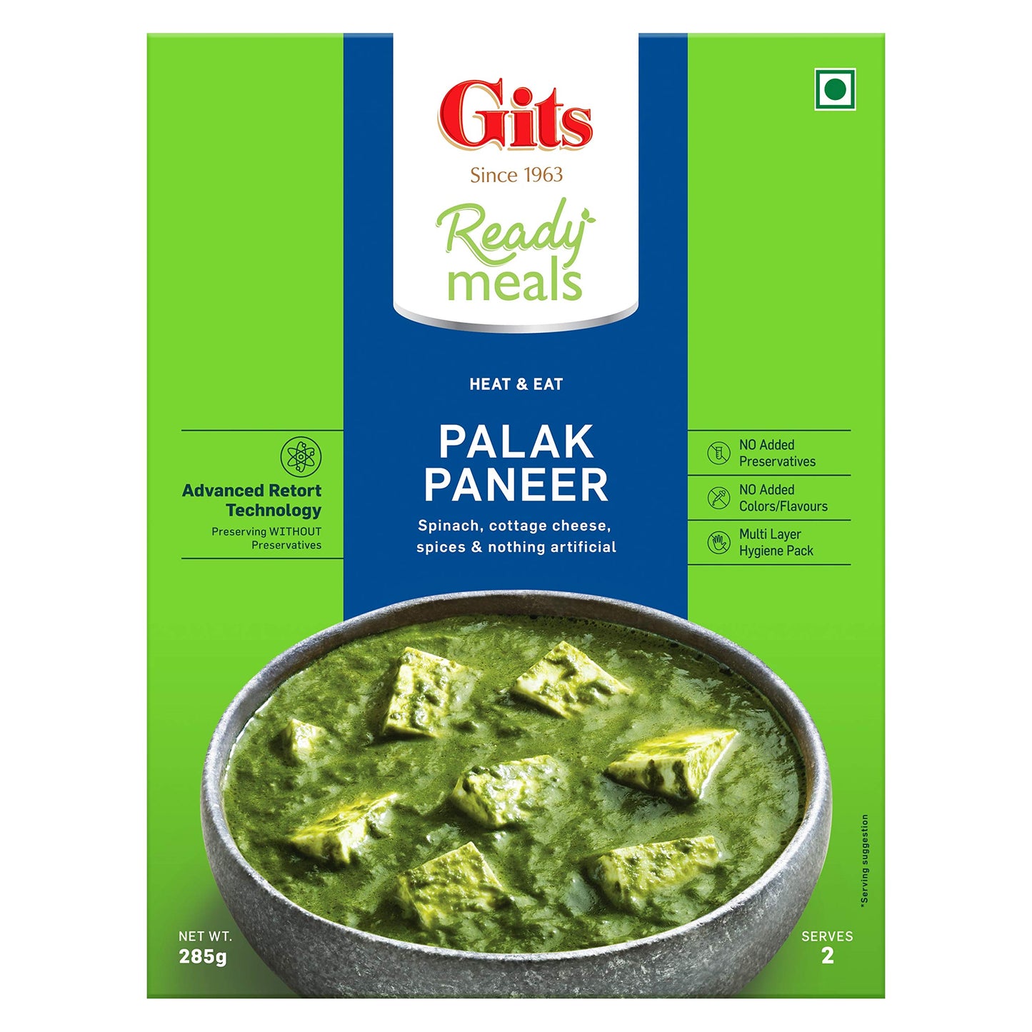 Gits Ready To Eat Palak Paneer, Pure Veg, Heat And Eat Indian Dish, Microwaveable, 855G (Pack Of 3 X 285G Each)