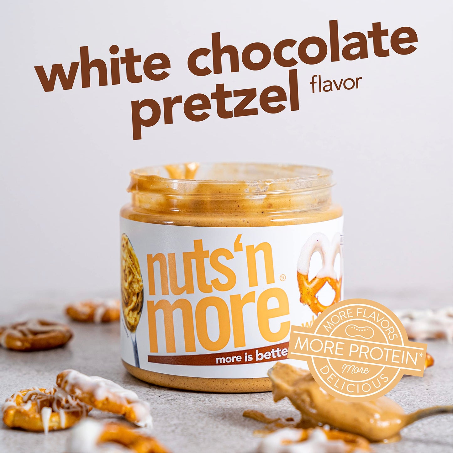 Nuts N More White Chocolate Pretzel Peanut Butter Spread, Added Protein All Natural Snack, Low Carb, Low Sugar, Non-Gmo, High Pr