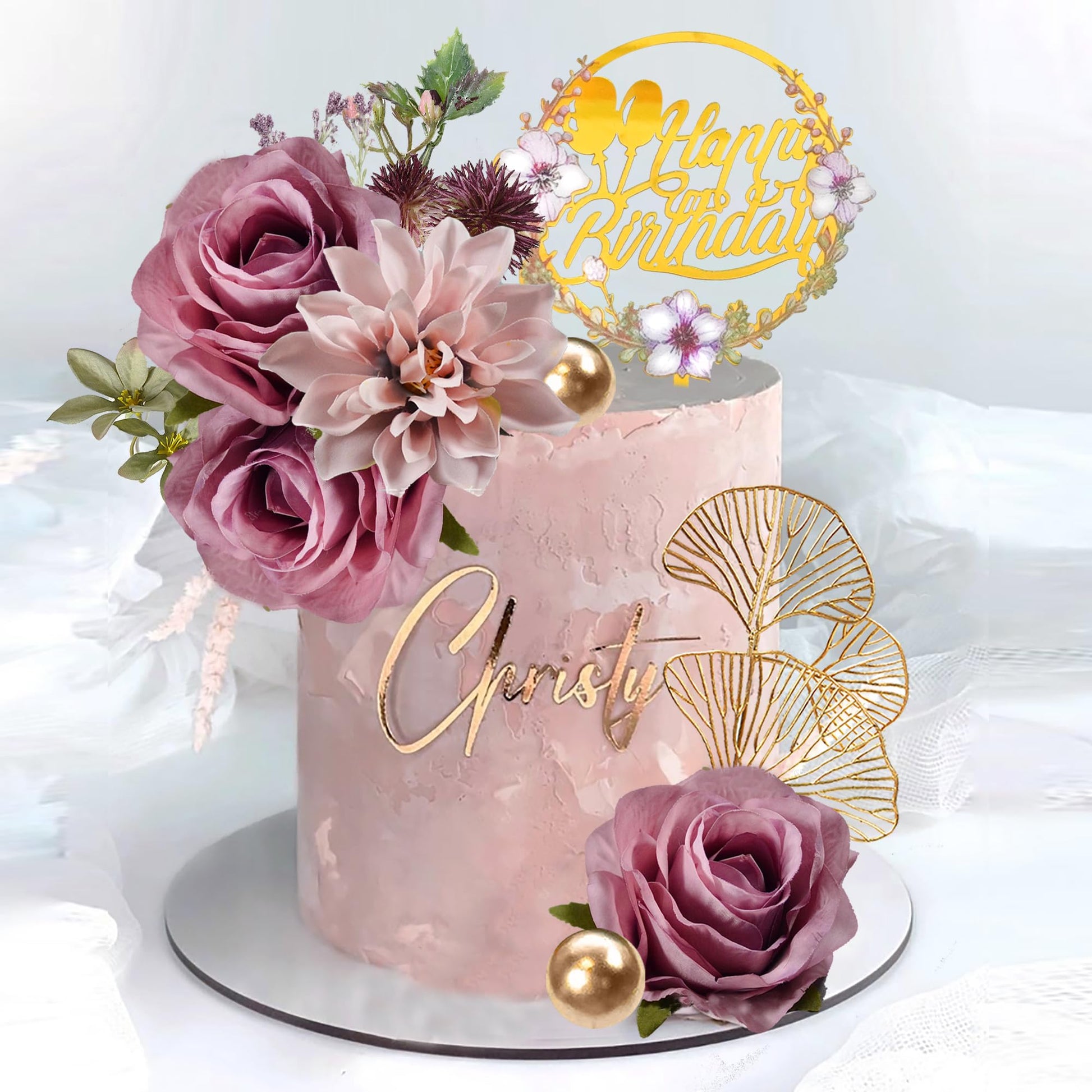 Flower Cake Toppers Happy Birthday Cake Toppers With Artificial Purple Rose Flowers Eucalyptu Leaves For Birthday Party Wedding