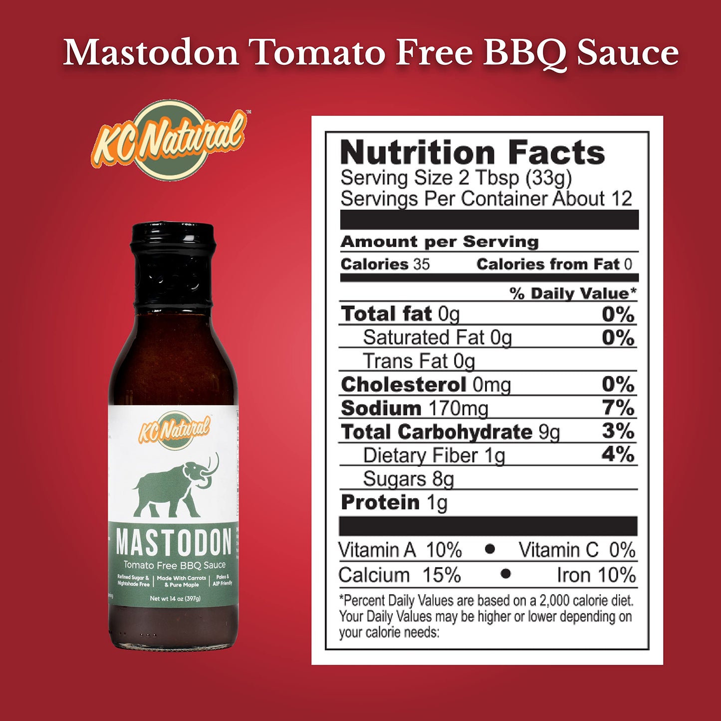 KC Natural Mastodon Paleo AIP BBQ Sauce, 14oz - Gluten-Free, All-Natural Ingredients, Perfect for BBQ Lovers