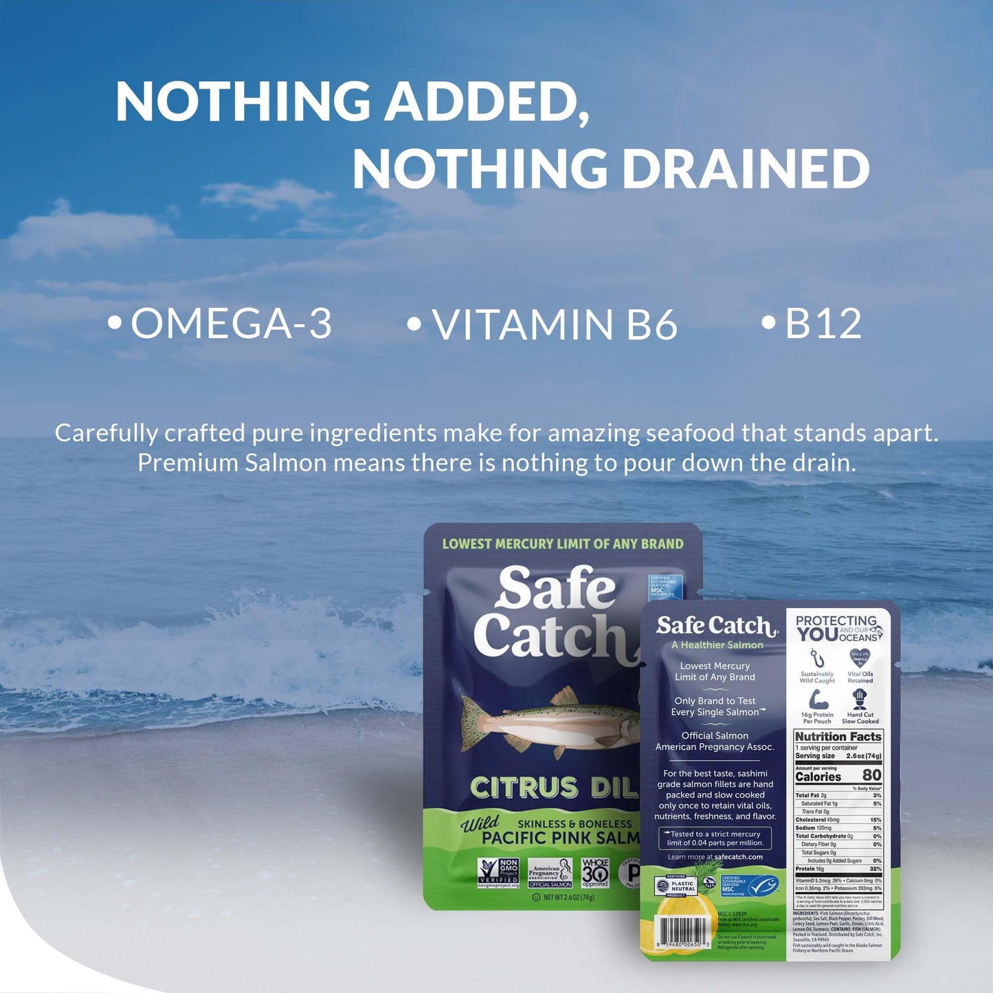 Safe Catch Skinless Boneless Wild Pacific Pink Salmon Pouch, Citrus Dill, 2.6oz (Pack of 12), Mercury Tested, Kosher