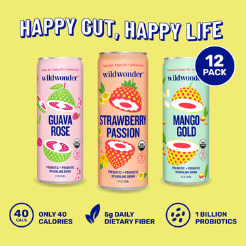 Wildwonder Sparkling Probiotic Juice Drink, Tropical Vibes Variety Pack, 12pk 12oz, Organic, Vegan, Low Sugar, Caffeine Free