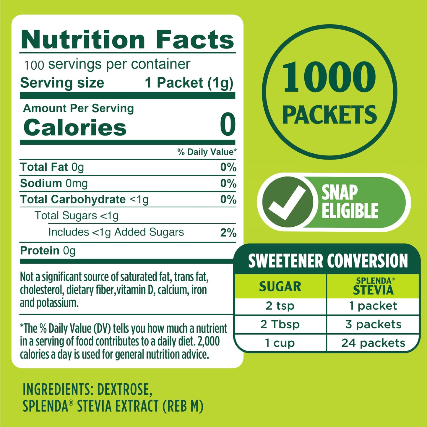 SPLENDA Stevia Zero Calorie Sweetener Granulated Powder, 1000 Count Single Serve Packets
