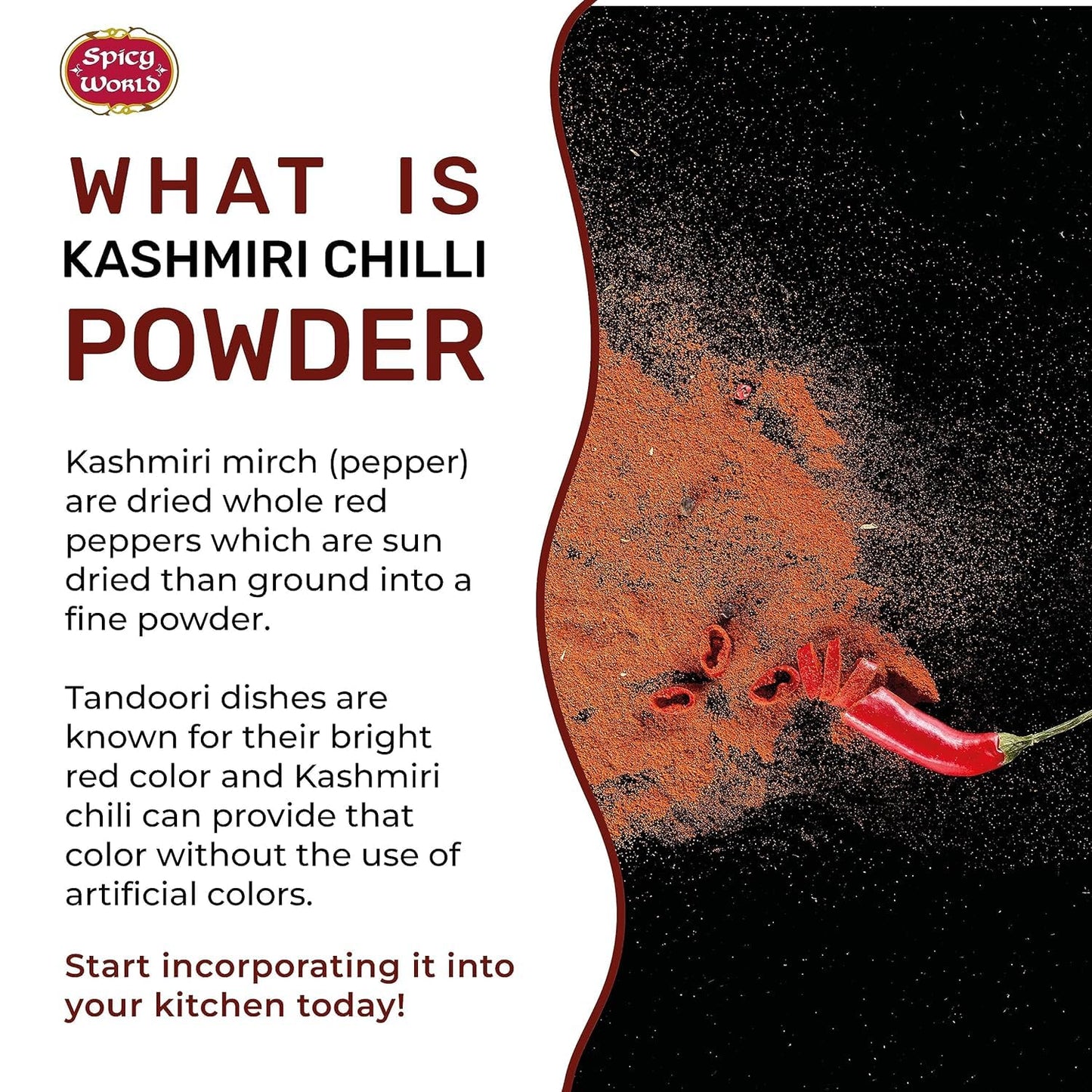 Spicy World Kashmiri Chili Powder Red 2 Ounce Bag | All Natural Low Heat, Red Chili Powder - Red Pepper Powder
