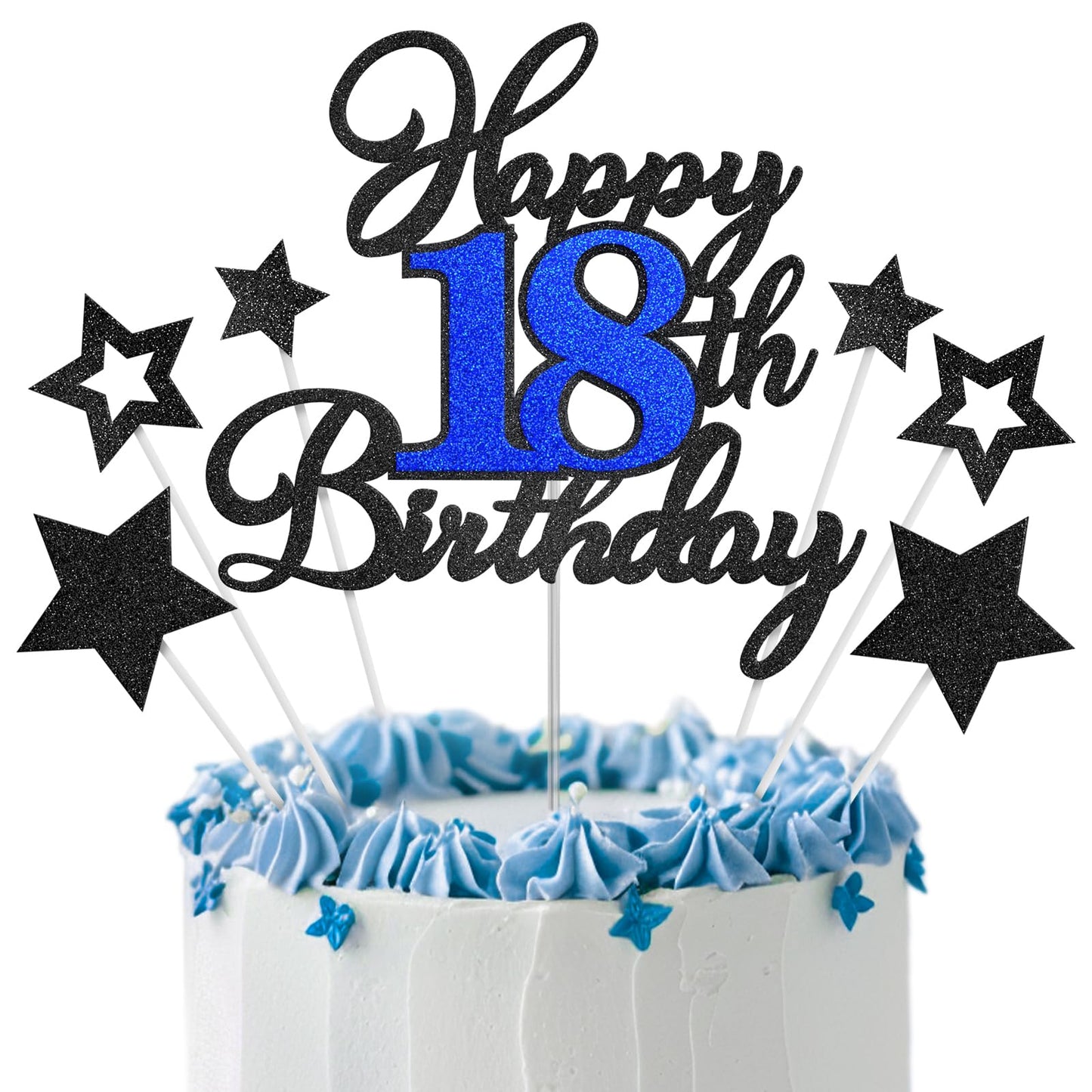 Happy 18th Birthday Cake Toppers, Black Blue Glitter Cake Decorations Set, 18th Birthday Decor, Birthday Anniversary Party Decor