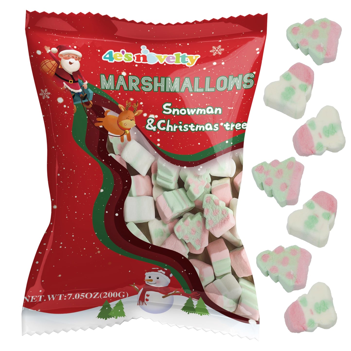 4ES Novelty Sweet Christmas Marshmallow Soft Candy Treats 65Pcs (200Gram) Bulk Snowman & Santas Shapes  Christmas Candy Stocking Stuffers Snacks  Party Favor For Kids & 18+ Uses