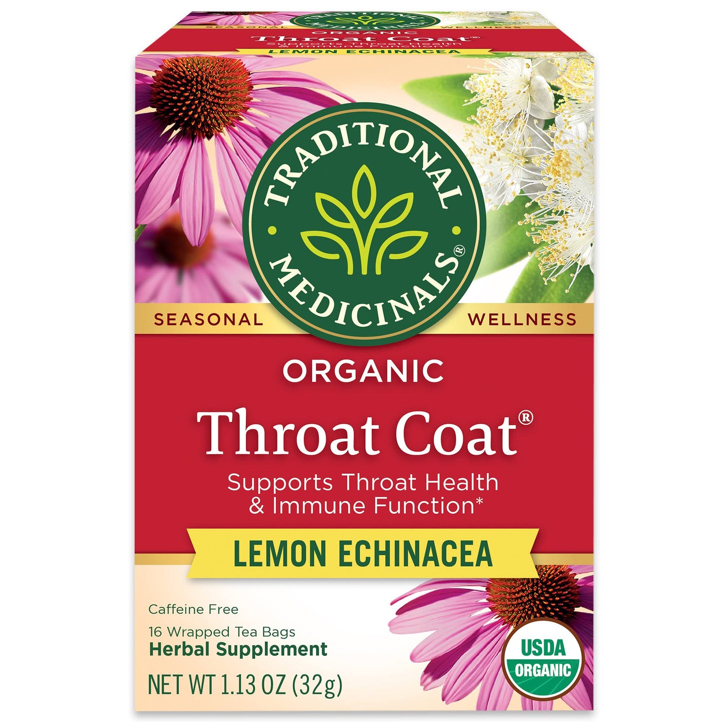 Traditional Medicinals Organic Throat Coat Lemon Echinacea Herbal Tea  Supports Throat Health  (Pack Of 1) 16 Tea Bags