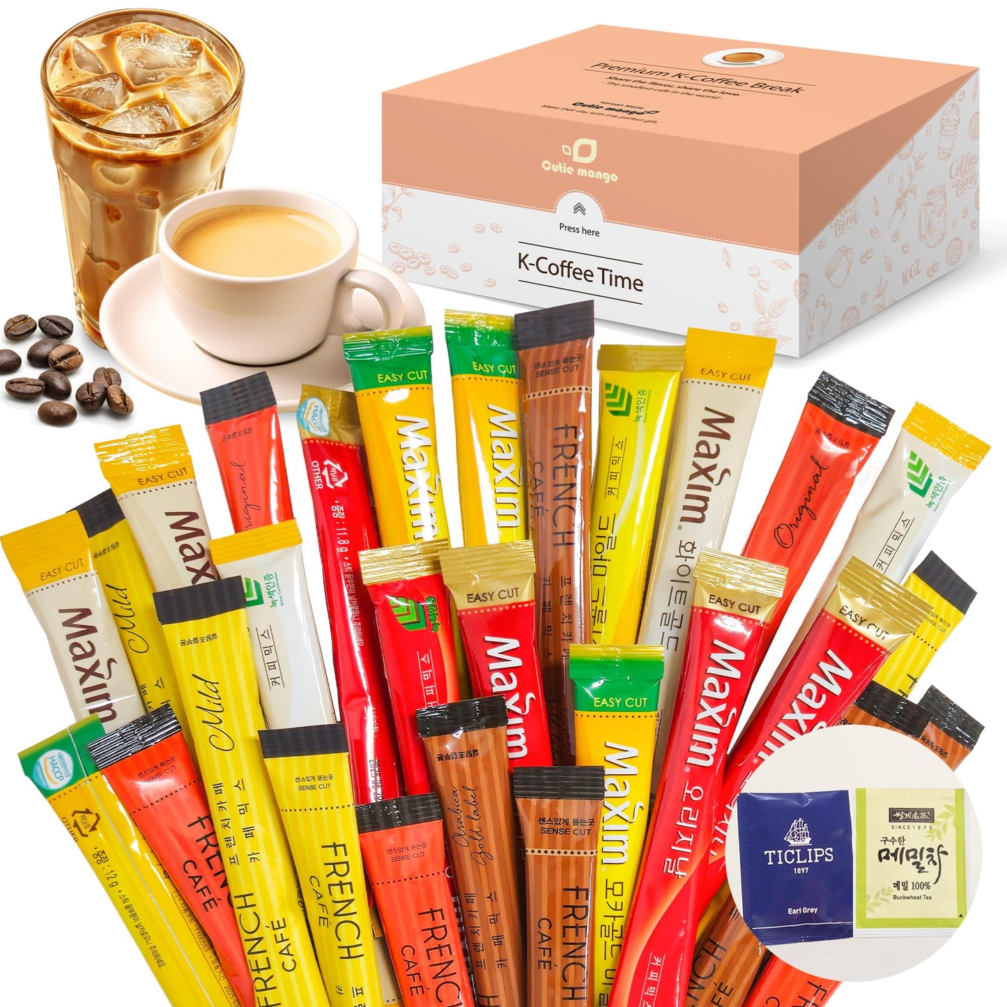 Cutie Mango Maxim French Enhanced Korean Instant Coffee Mix Sampler 6 Flavors Assortment Café Style Camping Party Single Serve Packets 30 Variety Pack (5 Sticks Each) With Complimentary 2 Teabags