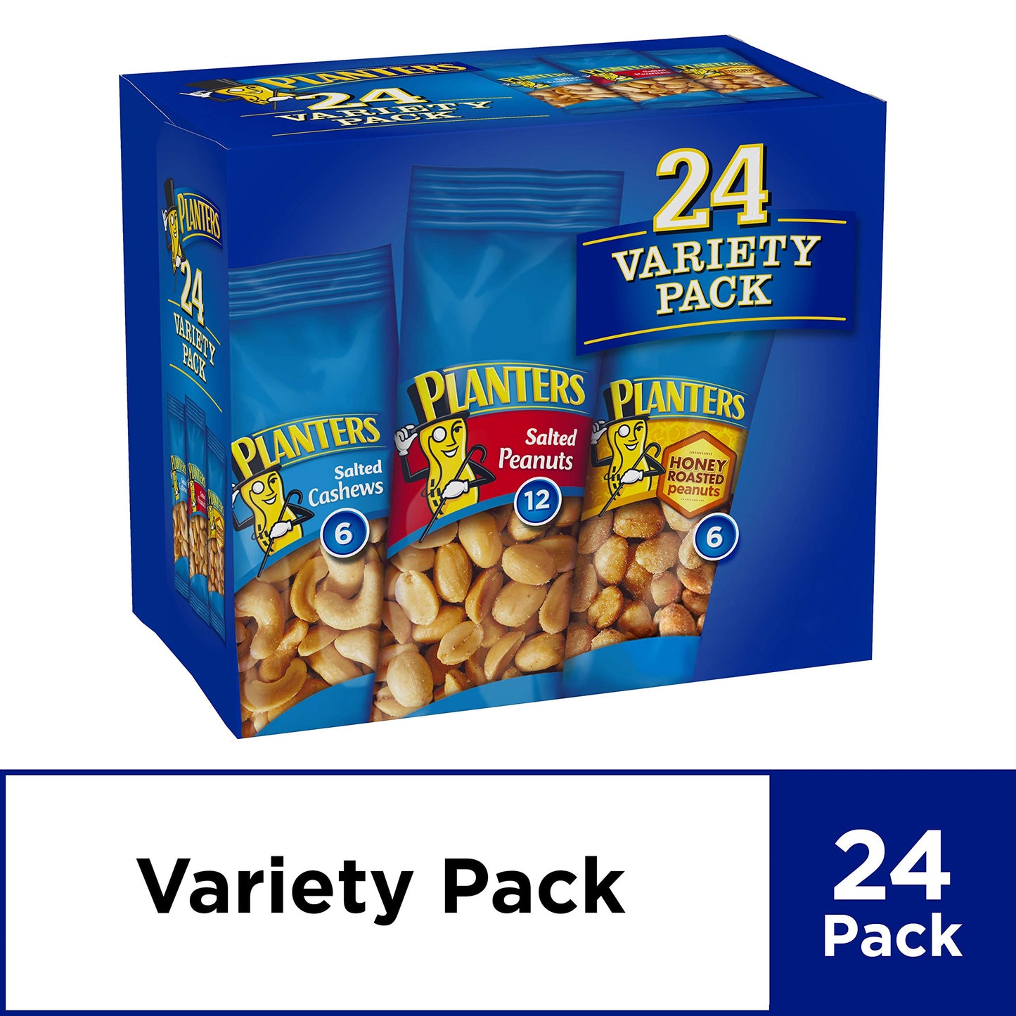 Planters Variety Packs (Salted Cashews, Salted Peanuts & Honey Roasted Peanuts), 24 Packs - Individual Bags Of On-The-Go Nut Snacks - No Cholesterol Or Trans Fats - Source Of Fiber And Healthy Fats