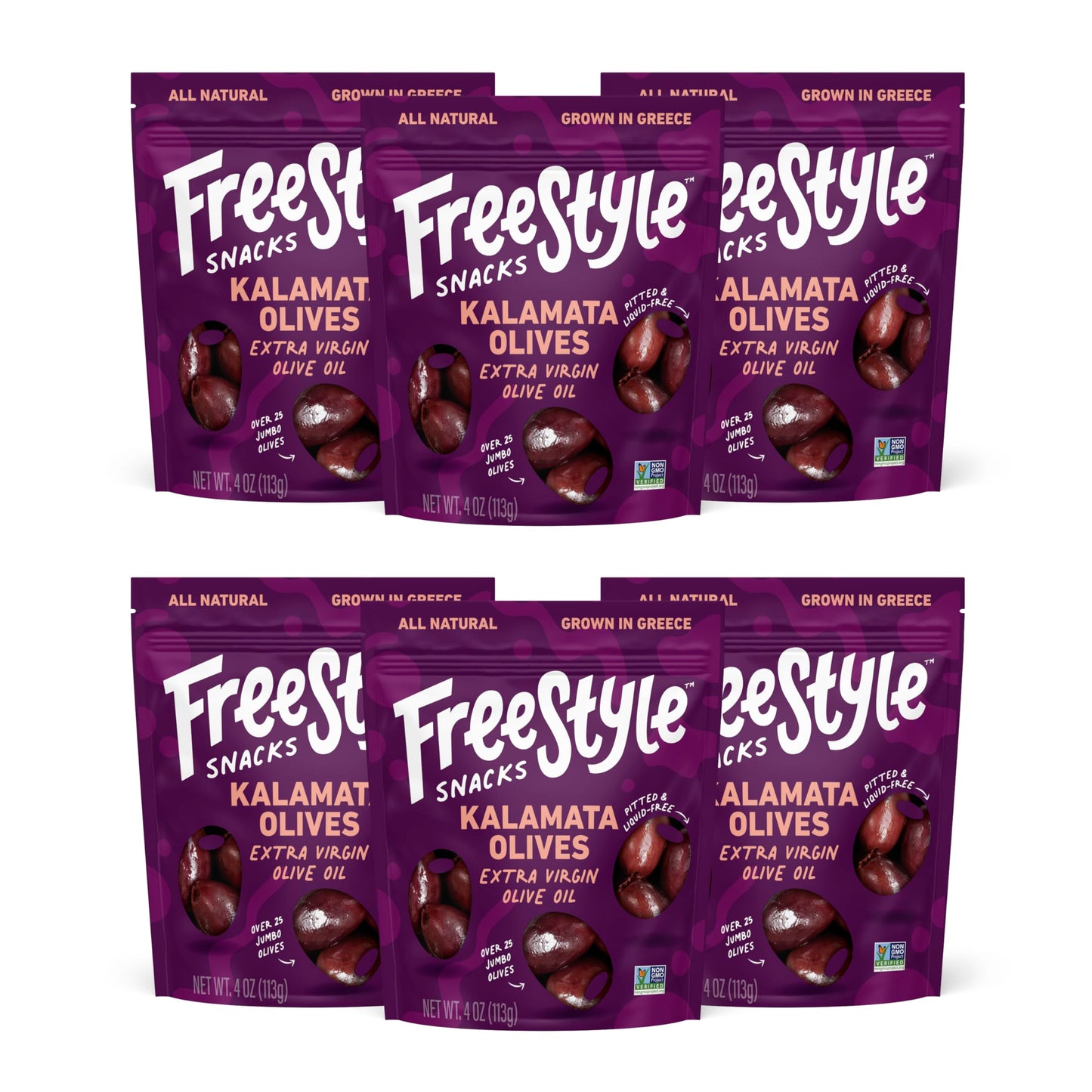Freestyle Snacks Kalamata Olive Snack Packs, Marinated in Extra Virgin Olive Oil, 4oz (6 Pack) - All Natural, Non-GMO, Paleo, Keto