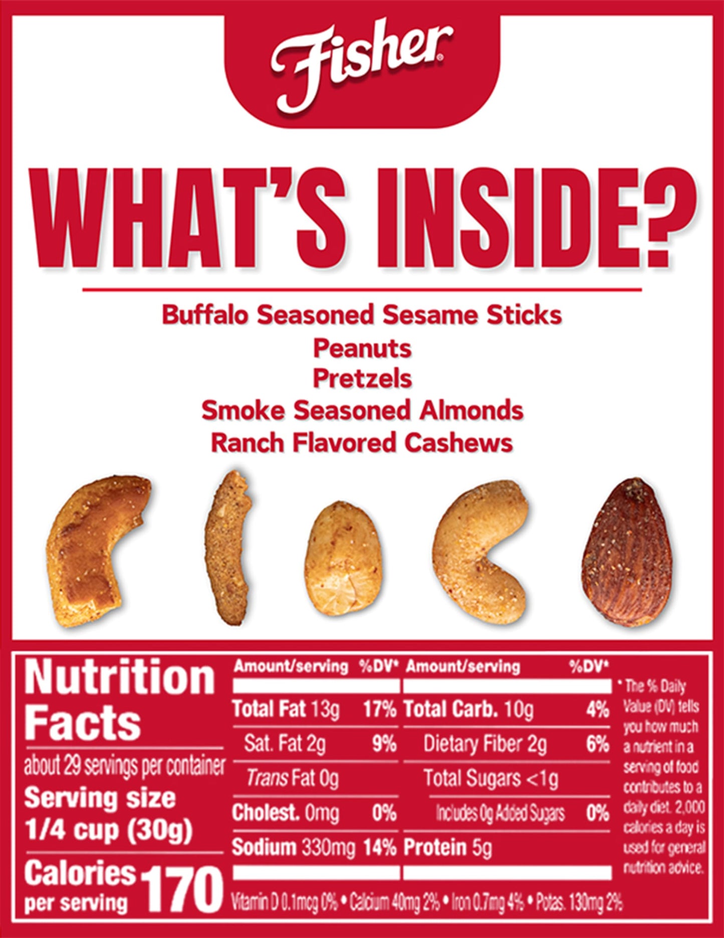 Fisher Spicy Buffalo Bulk Trail Mix, 31 Oz Jar; Buffalo Seasoned Sesame Sticks, Peanuts & Pretzels With Smoked Seasoned Almonds & Ranch Flavored Cashews; Hot Spicy Snack Mix, Snacks For Mature-Themeds