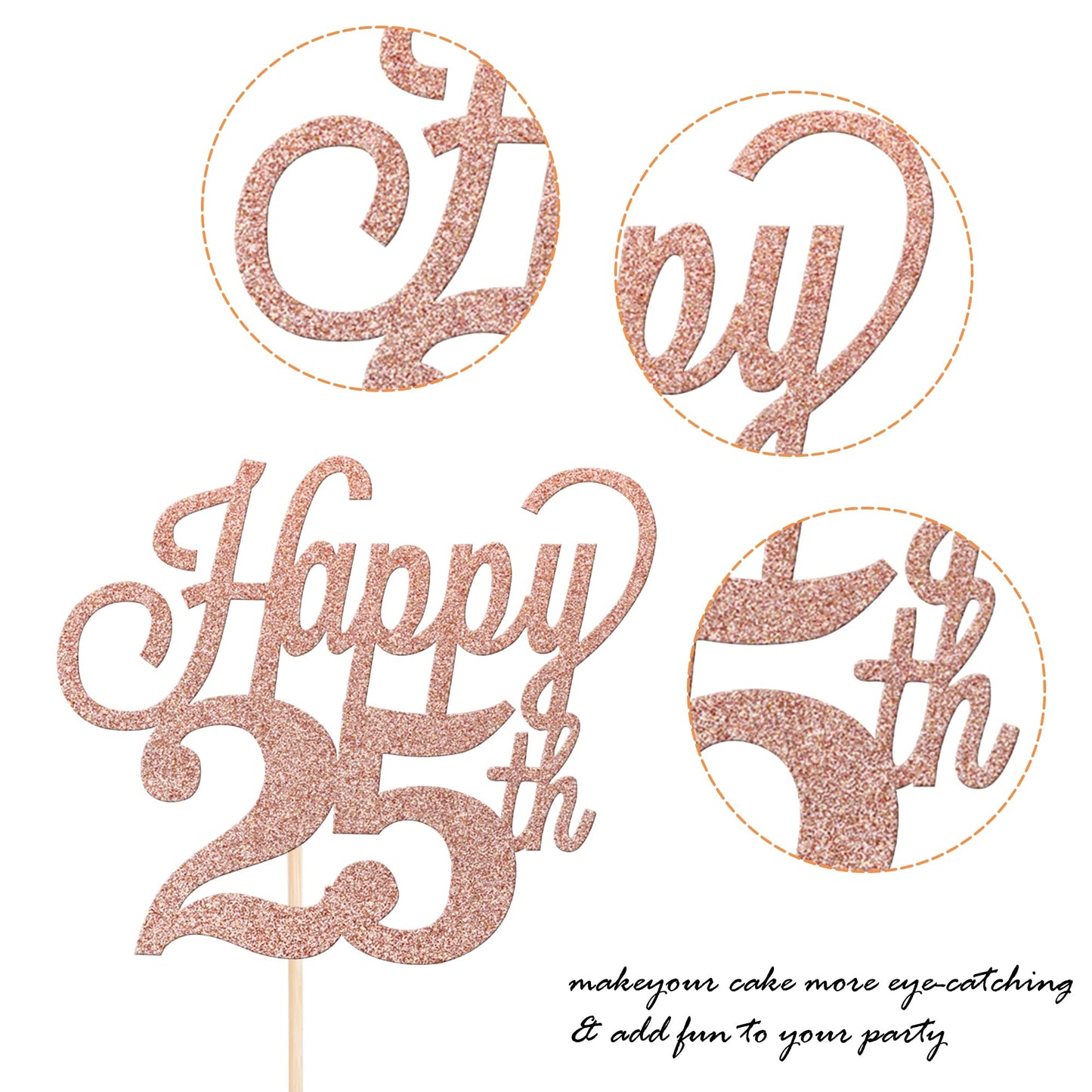 YCTHUNFISH Happy 25th Cake Topper, Black Glitter Number 25, Rose Gold, Bamboo Decorations for 25th Birthday Wedding Anniversary Party Supplies