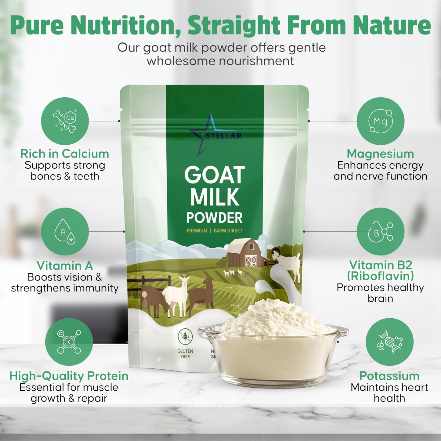Stellar Goat Milk Powder - 2 lb | Grass-Fed from Australia | Easy to Digest  High in Protein  Calcium & Probiotics | Pure  Non-GMO  Gluten-Free  Pet Friendly  No Additives