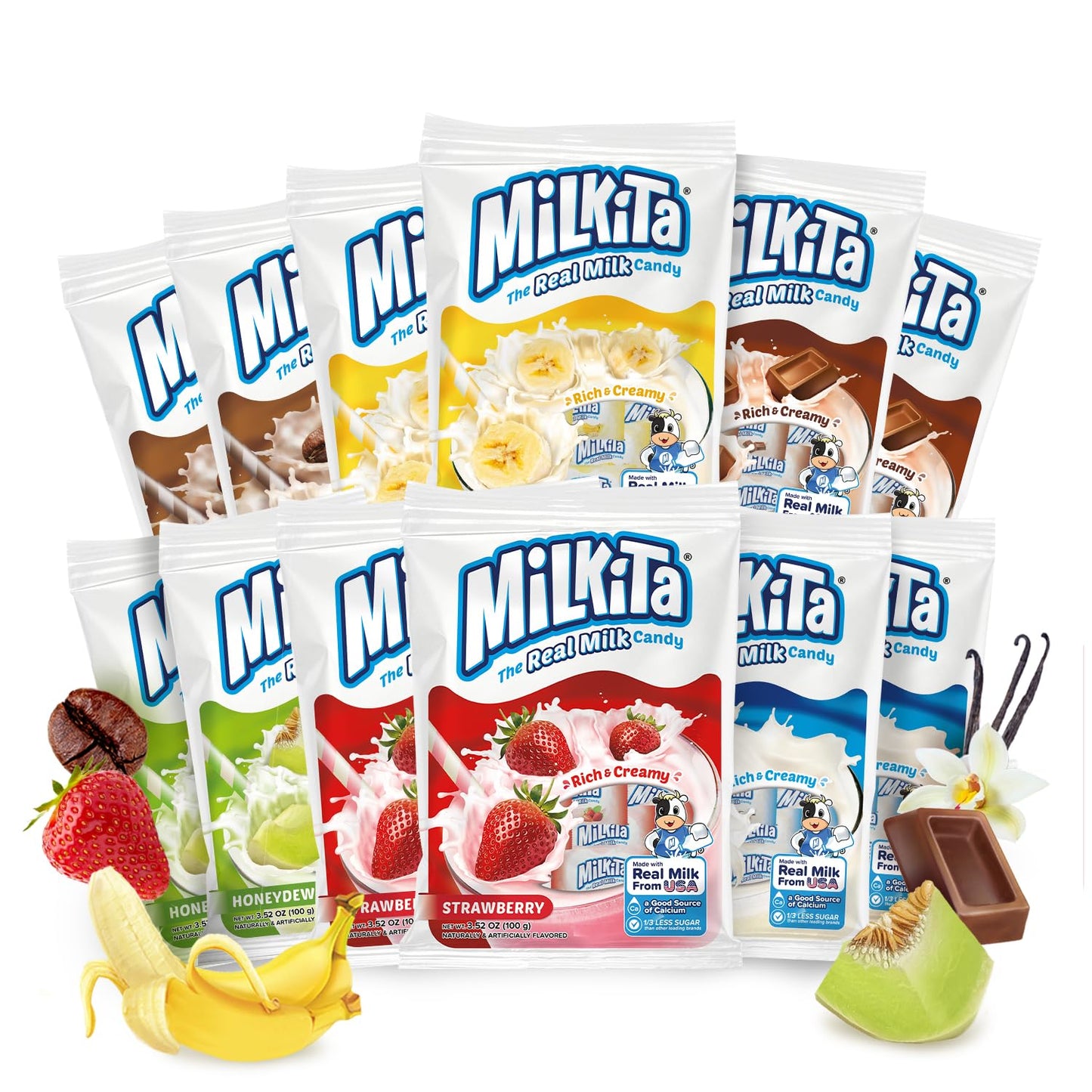 Milkita Creamy Shake Candy Pack Of 12, Gluten Free Chewy Candies With Calcium & Real Milk, Zero Trans Fat, Low-Sugar, Assorted Flavors (Vanilla, Strawberry, Chocolate, Cappuccino, Honeydew, Banana), 360 Pcs