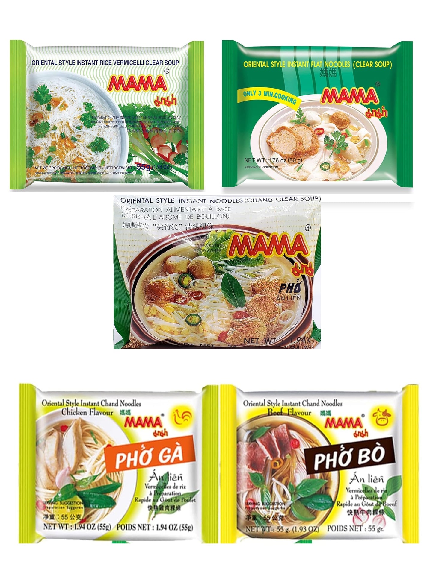 Mama Oriental Style Instant Noodles Mix Flavor Bundle Package Total 30 Packs (10 Flavor Mix, Shrimp Tom Yum Flavor, Shrimp Cream