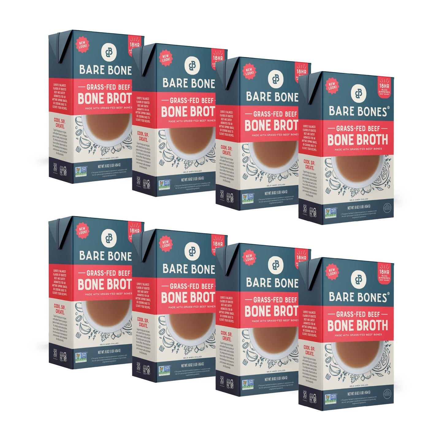 Bare Bones Beef Bone Broth, Grass-Fed, Non-GMO, Gluten & Dairy-Free, 16oz Carton, 8 Pack