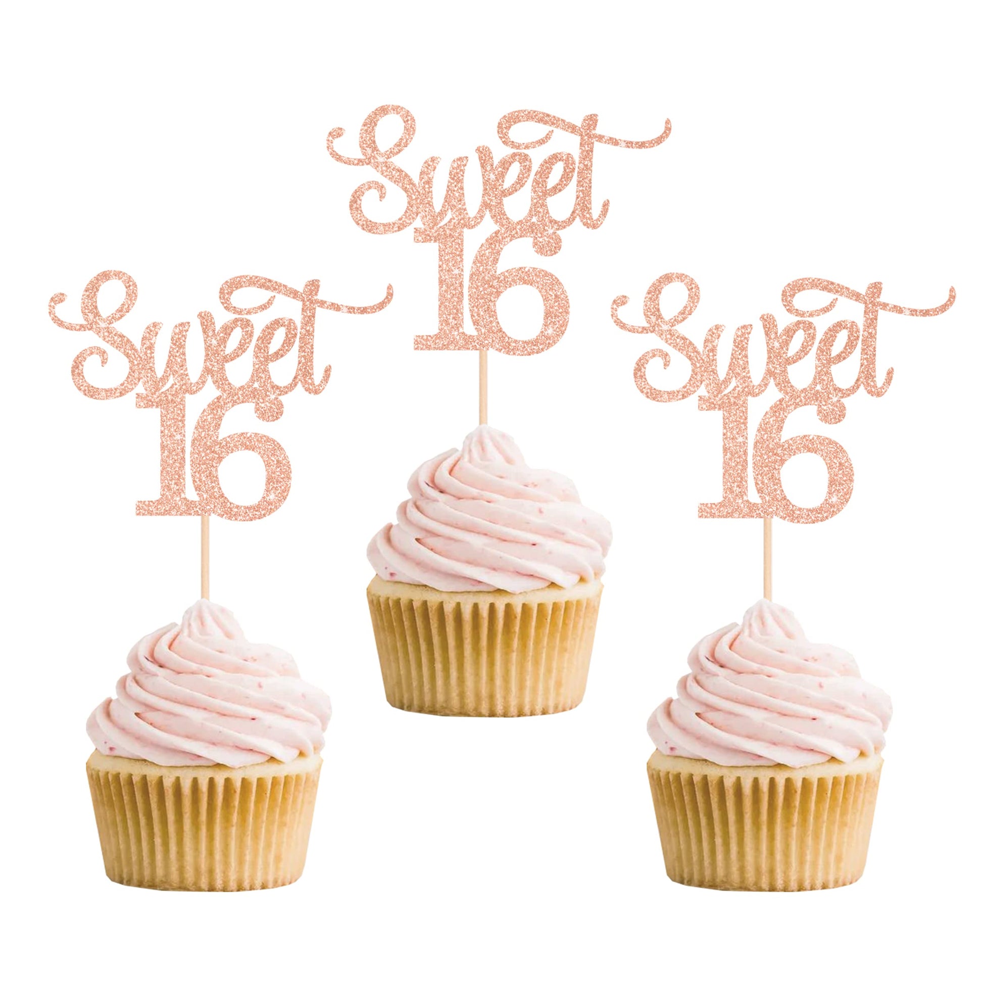 24 Pcs Rose Gold Glitter Double-Sided Sweet 16 Cupcake Toppers, Sixteen Cupcake Picks, 16Th Birthday Anniversary Party Cake Deco