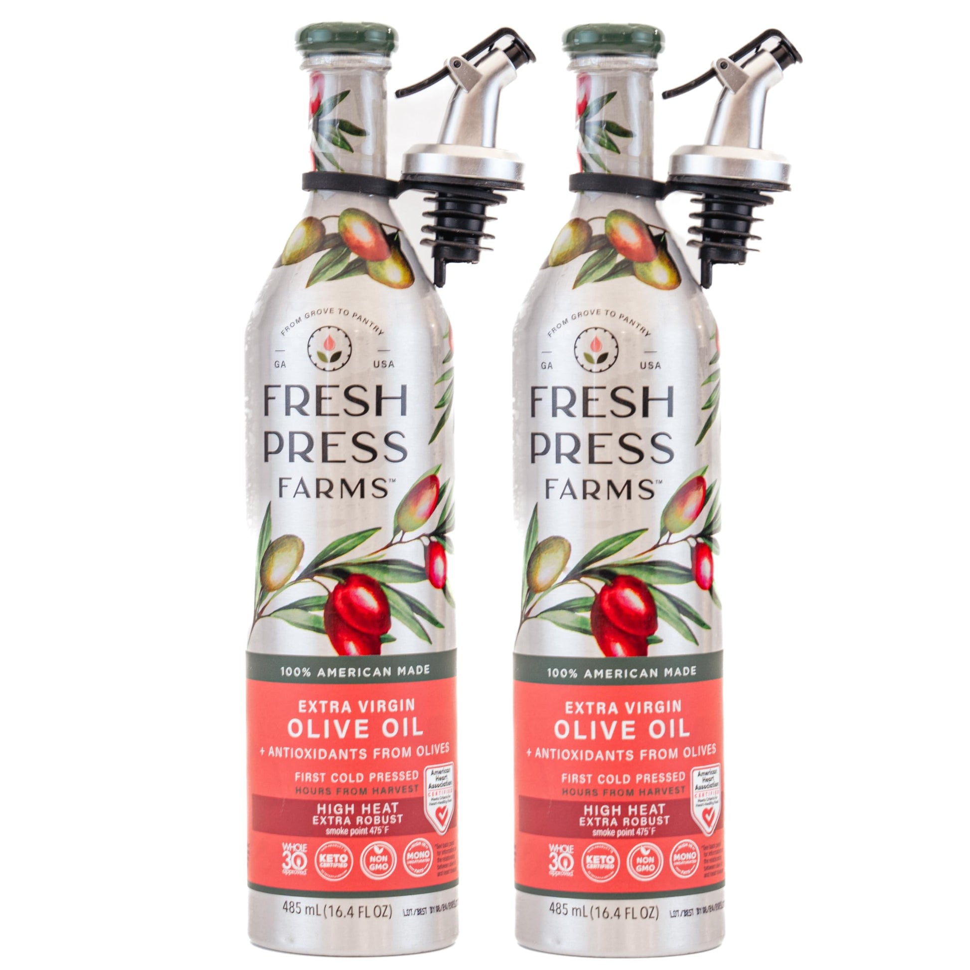 Fresh Press Farms Cold Pressed High Heat Extra Virgin Olive Oil for Pan Frying and Grilling, 16.4 Fl Oz (Pack of 2), Georgia Gro