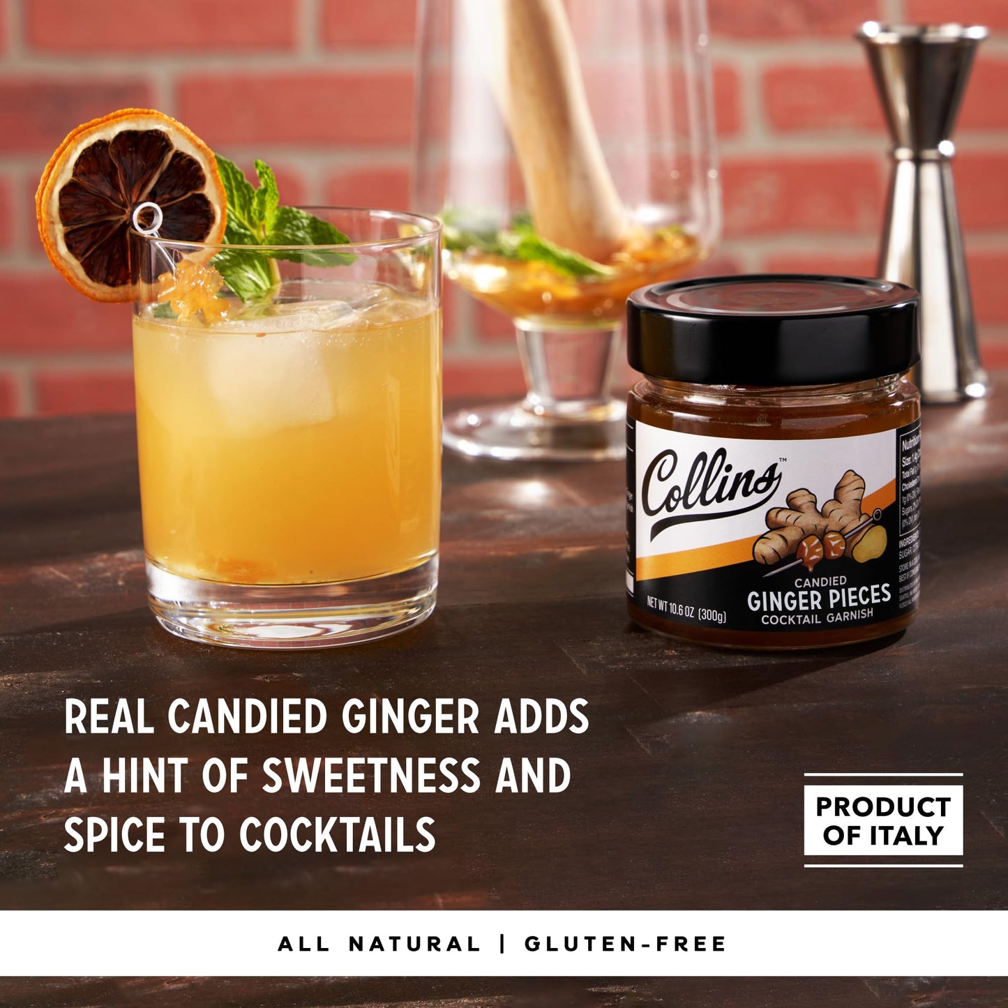Collins Candied Ginger in Syrup for Cocktails  Gluten Free Skinny Cocktail Garnish for spirit-inspired flavor  Rum  Martini  Mojito  Gin  Moscow Mule  Tea  Desserts  Baking  Home Bar  10.6 oz  Set of 1