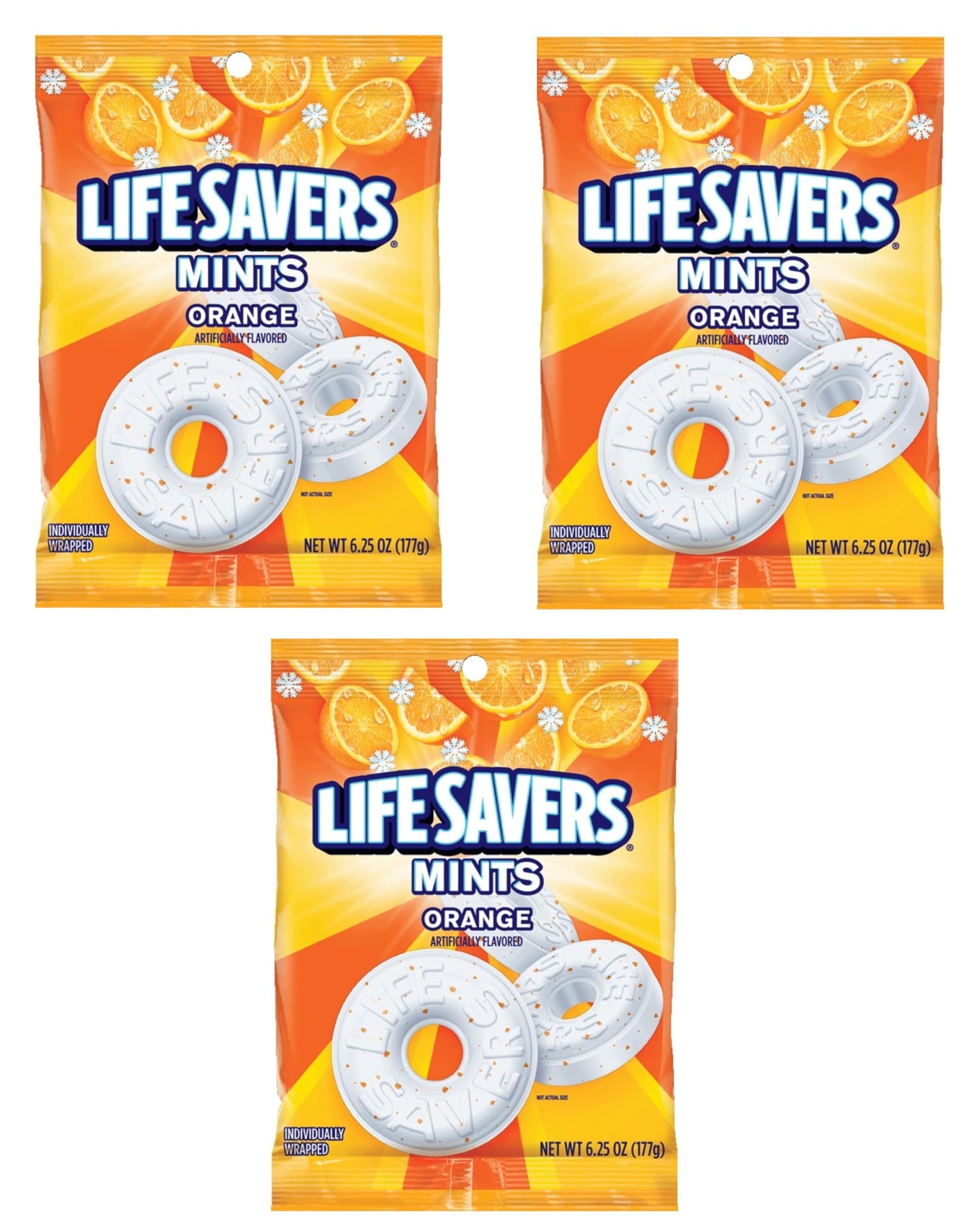 Life Savers Orange Mint Candies - Pack of 3 - Individually Wrapped Mints for Snacking and Sharing