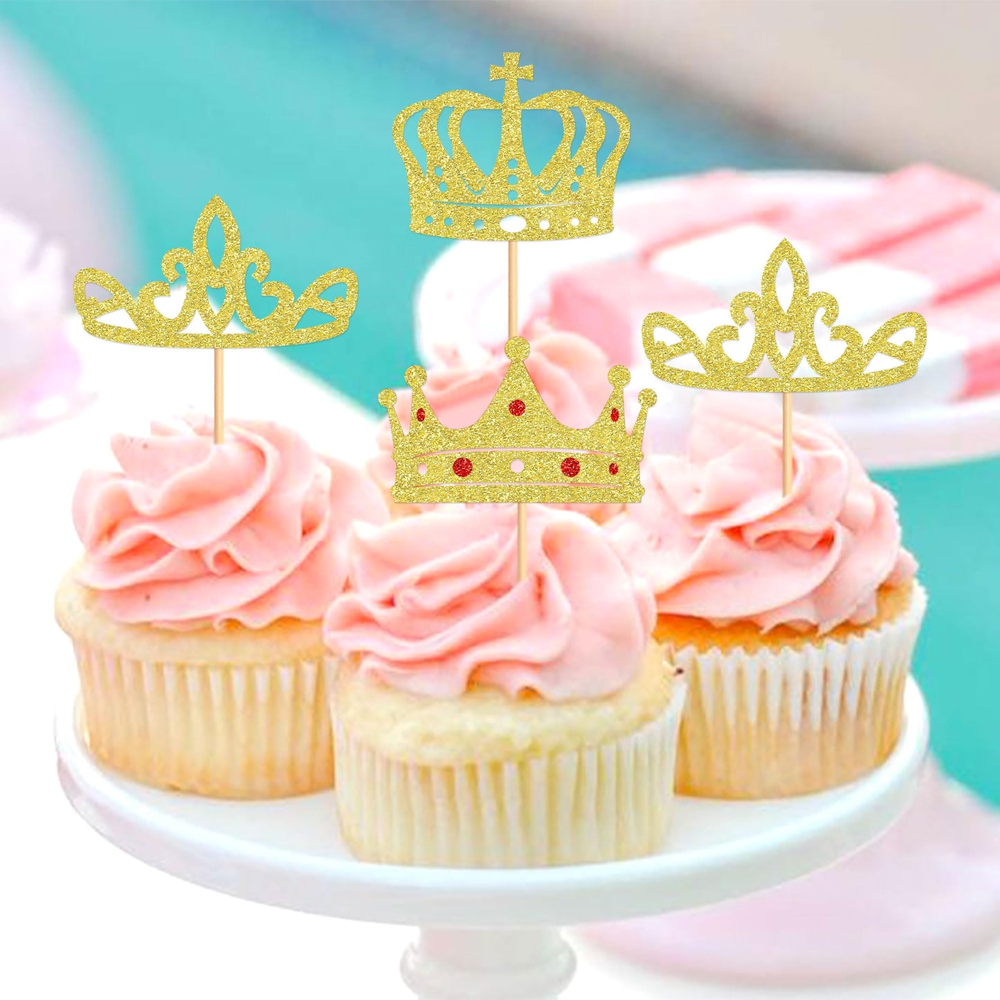 Cyodoos 24Pcs Gold Crown Cupcake Toppers Glitter Queen Crown Cupcake Baby Shower Wedding Birthday Party Cake Decorations Supplie