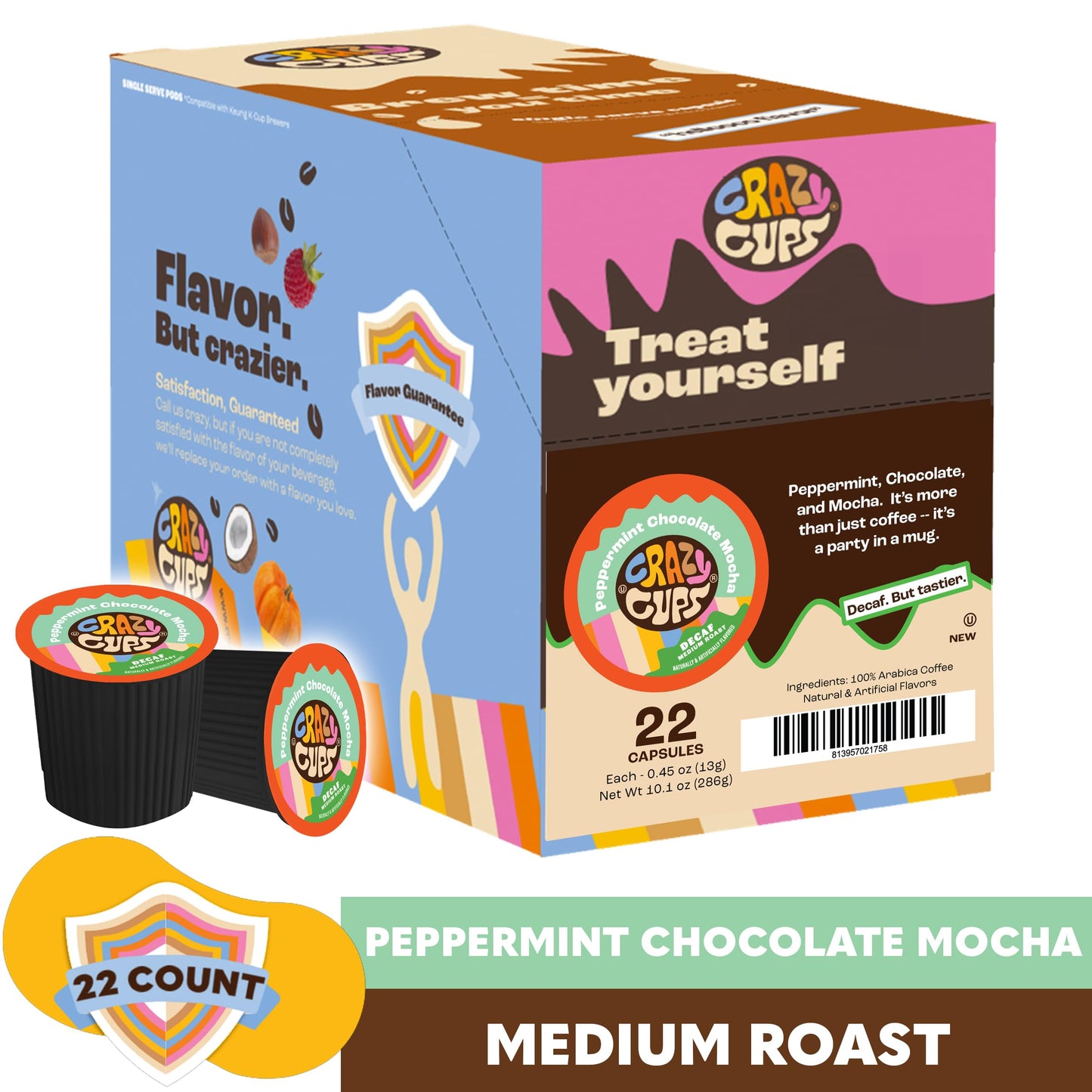 Crazy Cups Decaf Flavored Coffee Pods, Peppermint Chocolate Mocha, 22 Count, Compatible with Keurig K Cups, Recyclable Pods
