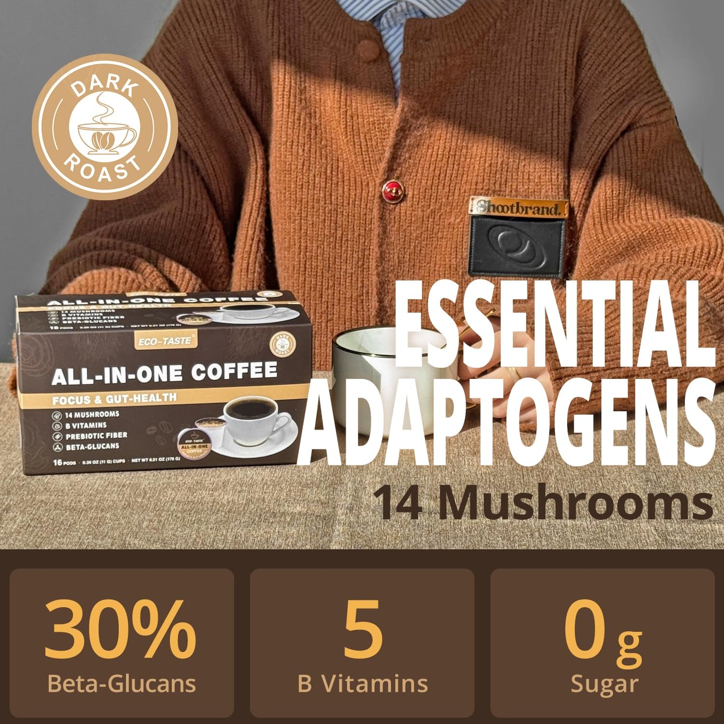 Mushroom Coffee K Cup - Focus & Gut-Health With 14-Mushrooms, Vitamins, L-Theanine And Alpha Gpc, Single Serve Pods - No Crash O
