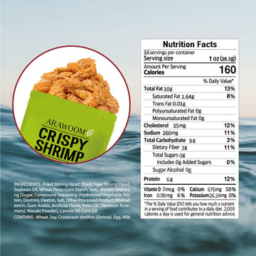 Arawoom - Real Crispy Shrimp Cheek Snack - 100% Real Black Tiger Shrimp - 16 Ounce (Pack Of 1) - Wasabi Flavor - Crunchy Treat F