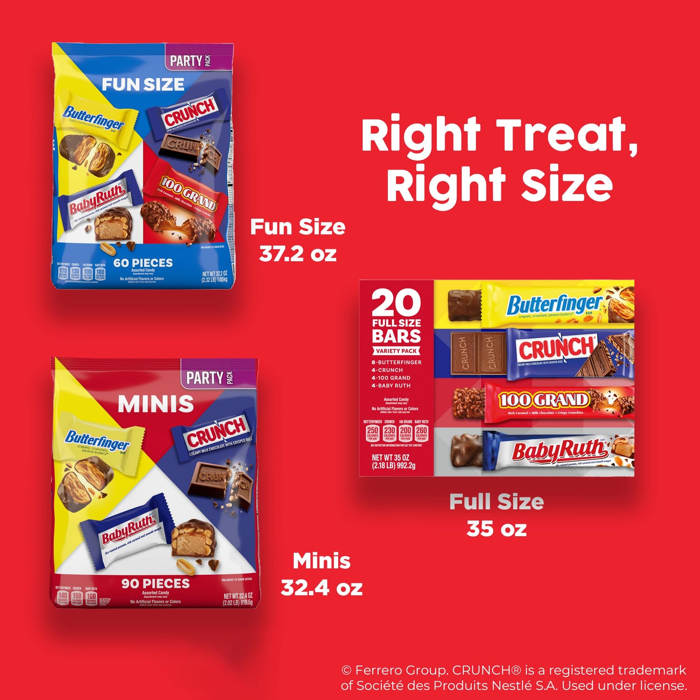 Butterfinger, CRUNCH and Baby Ruth Minis, Assorted Candy Bars, Great for Sharing, Bulk 90 Count Variety Pack, 32.4 oz