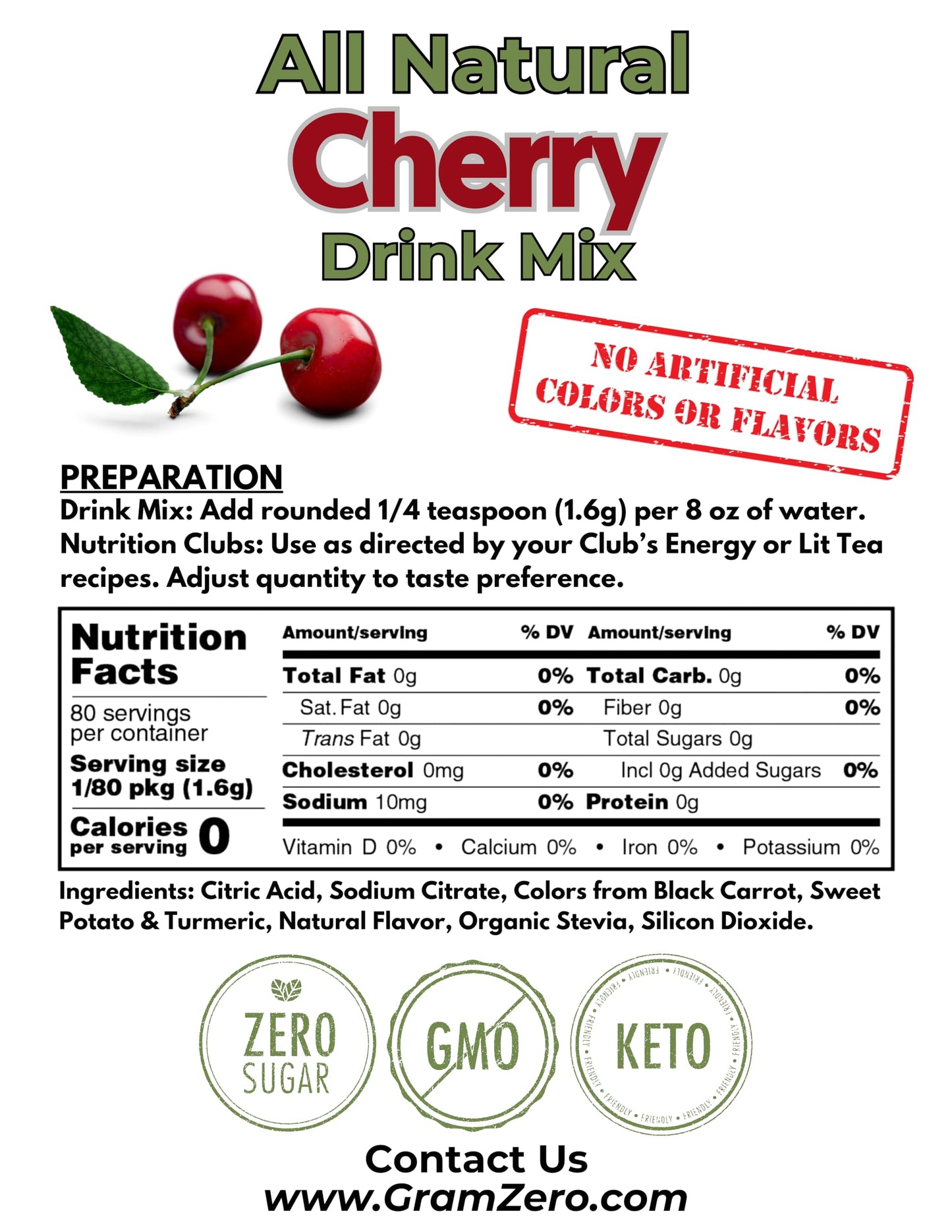 Gramzero All Natural Cherry Zero Calorie Sugar Free Drink Mix, Great For Nutrition Club Loaded Tea, Stevia Sweetened
