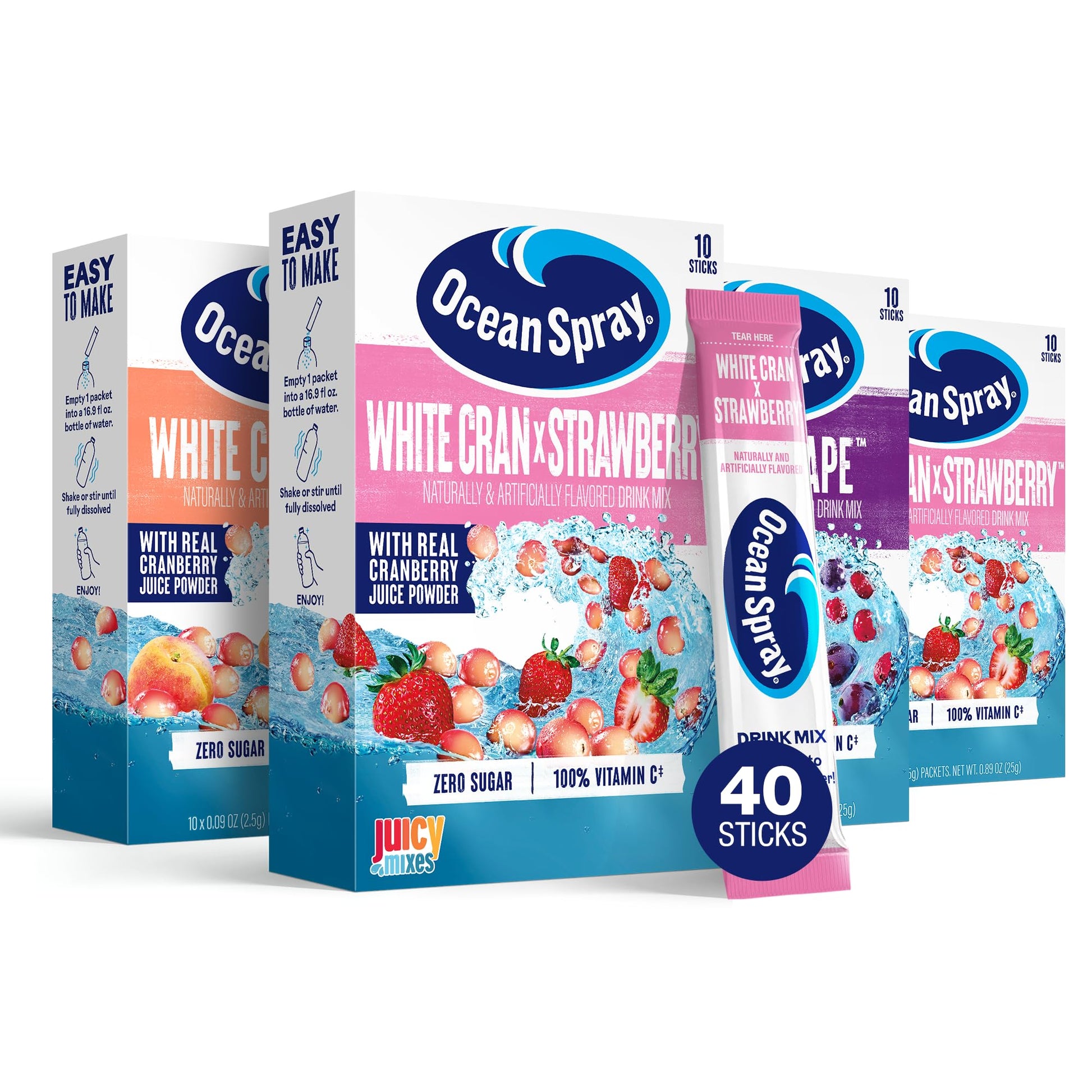 Ocean Spray Variety Pack Zero Sugar Powder Drink Mix Packets with Real Cranberry Juice Powder, 100% Vitamin C, No Synthetic Dyes